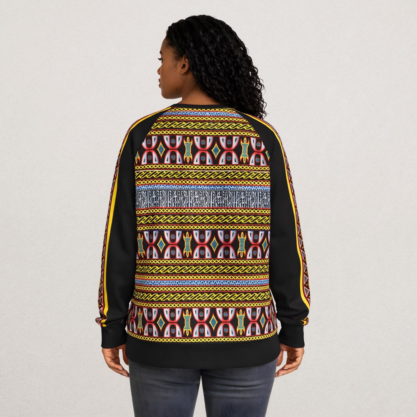 Bamileke Hat Lady, Women's Raglan Sleeve Sweatshirt, on Toghu and Ndop Print All-Over Print