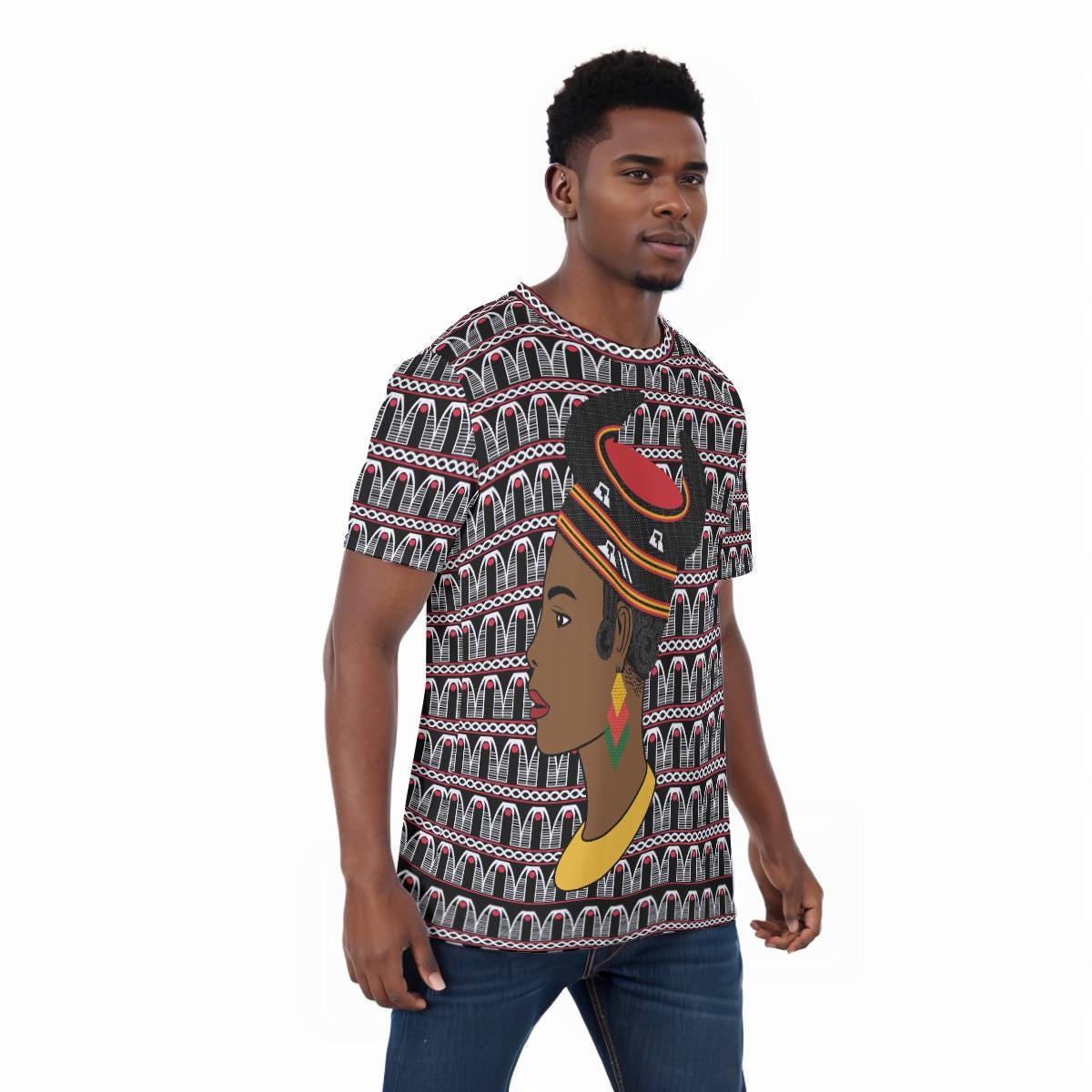 Hok Lady Unisex Athletic Eyebird T-Shirt, Cameroon Toghu Design, Ready to Ship All-Over Print T-Shirt