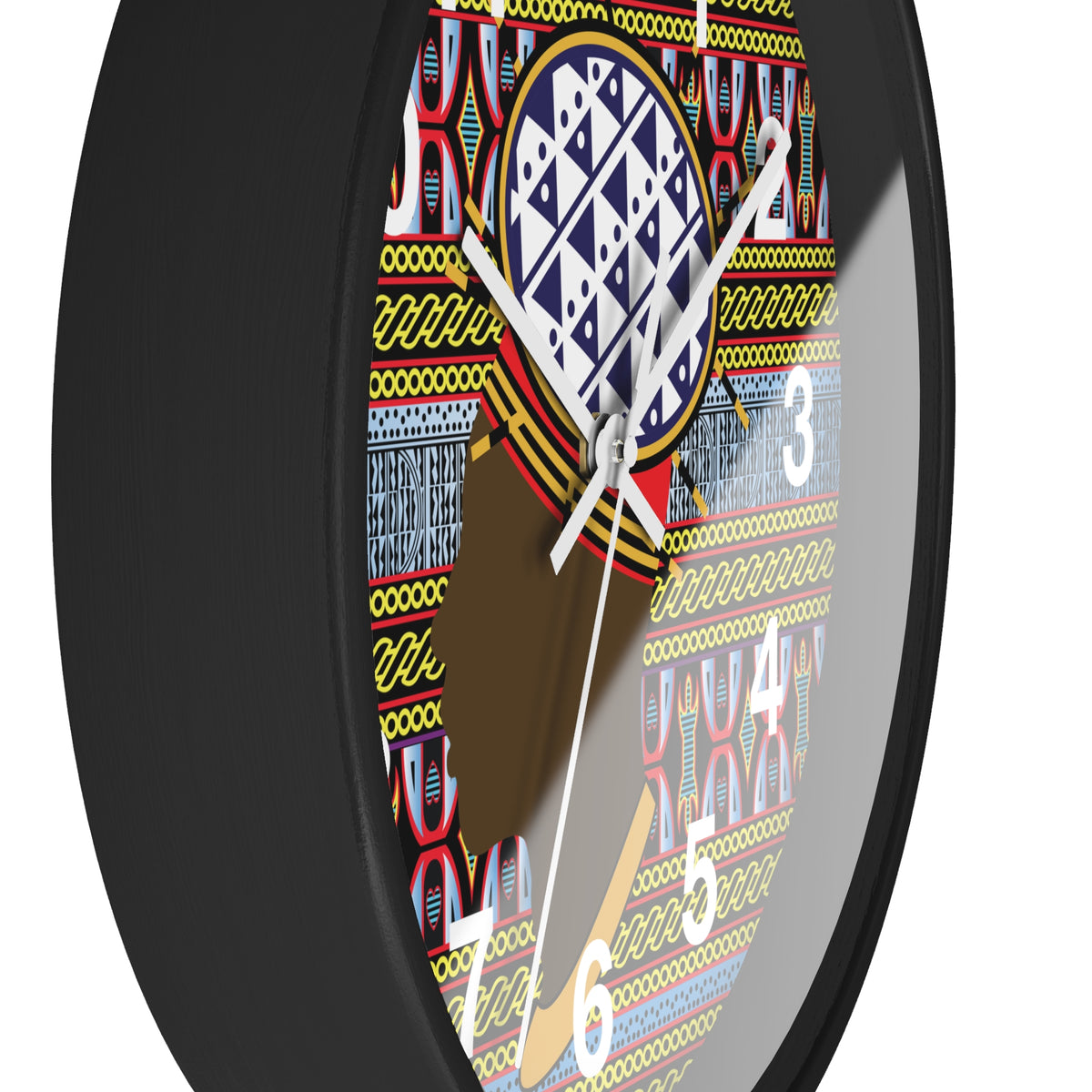 African wood wall clock, Bamileke Toghu Print Man, 12in Wood Mini