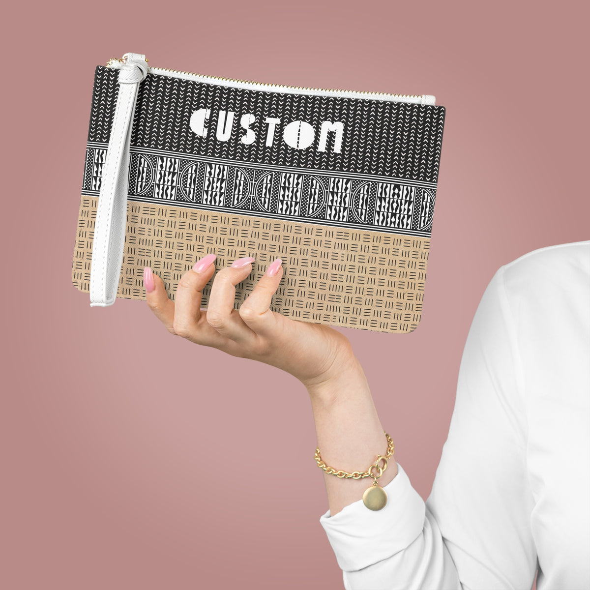 Personalized Mudcloth Print Wristlet: Vegan Leather Clutch Bag