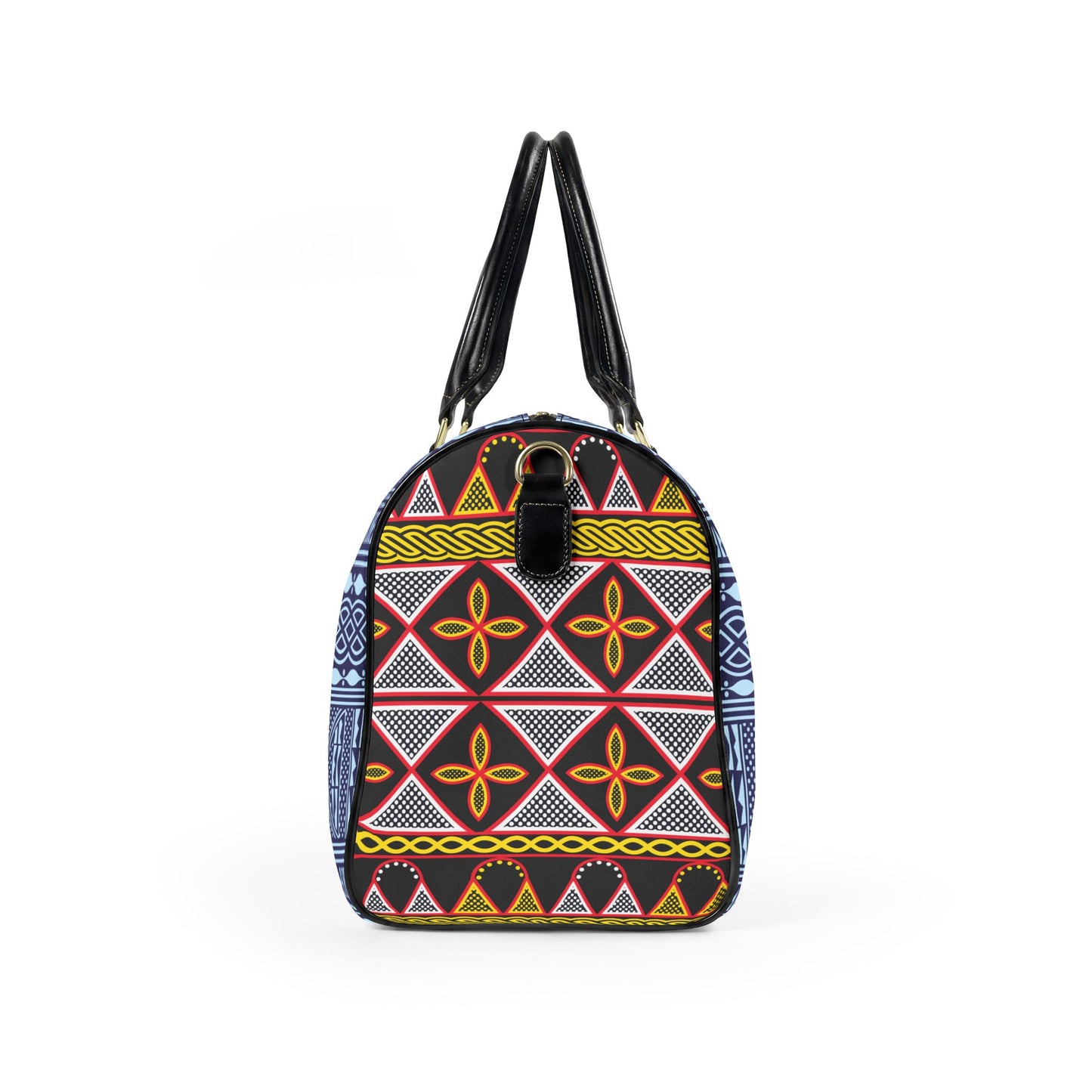 NEW Vegan Leather Travel Bag, Blue Ndop with Yellow Toghu Sides print