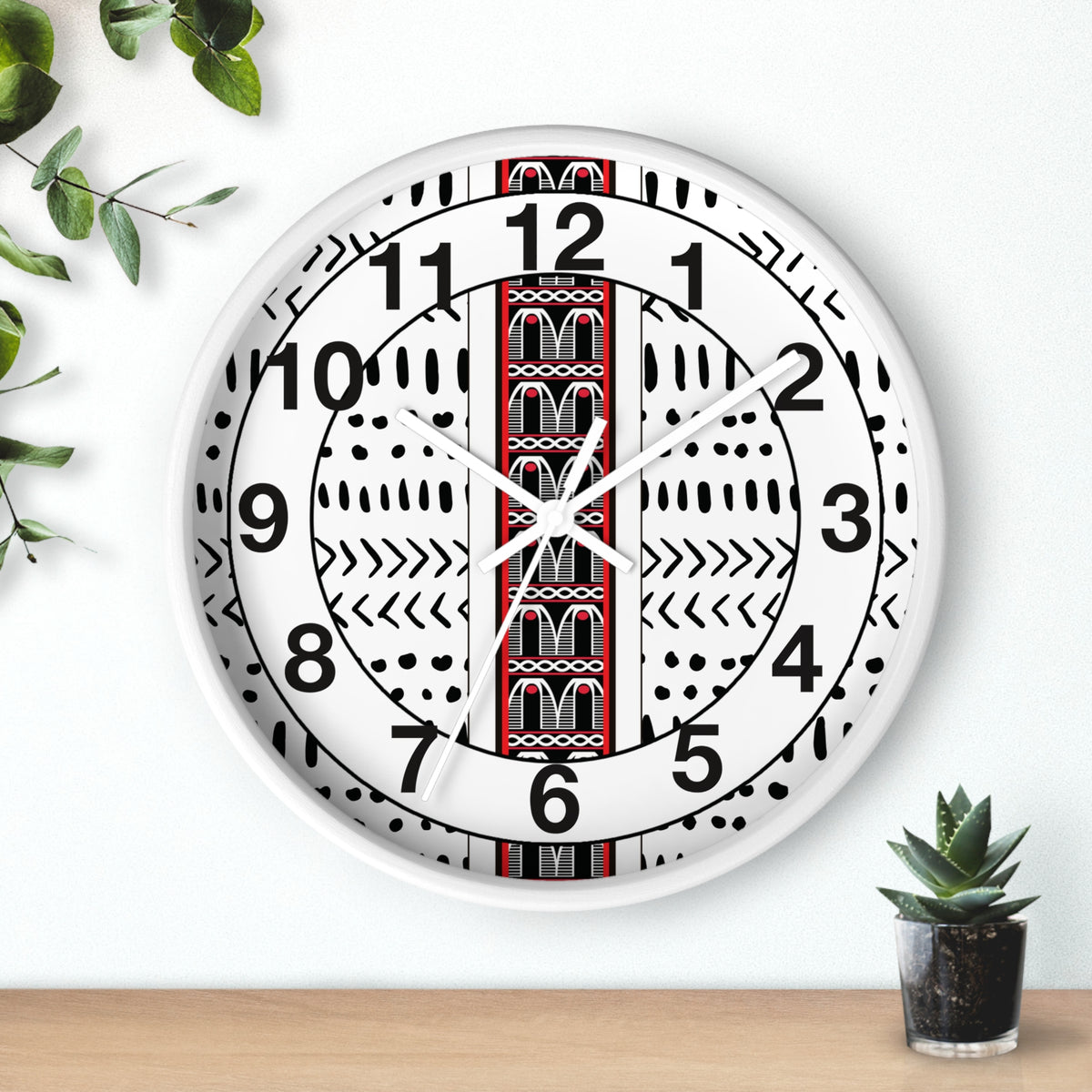 Black and White Toghu Stripe on Mudcloth Round Wood Wall Clock
