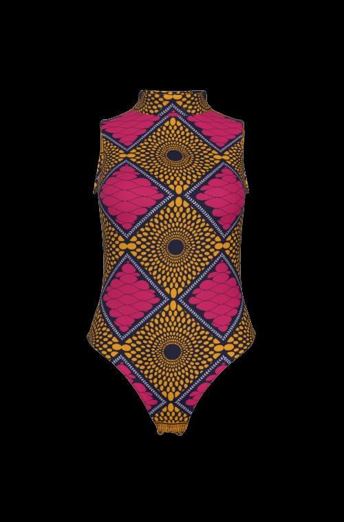 African Pink Ankara Ribbed Stretchy Bodysuit: Sleeveless, Slim Fit with Half-High Collar