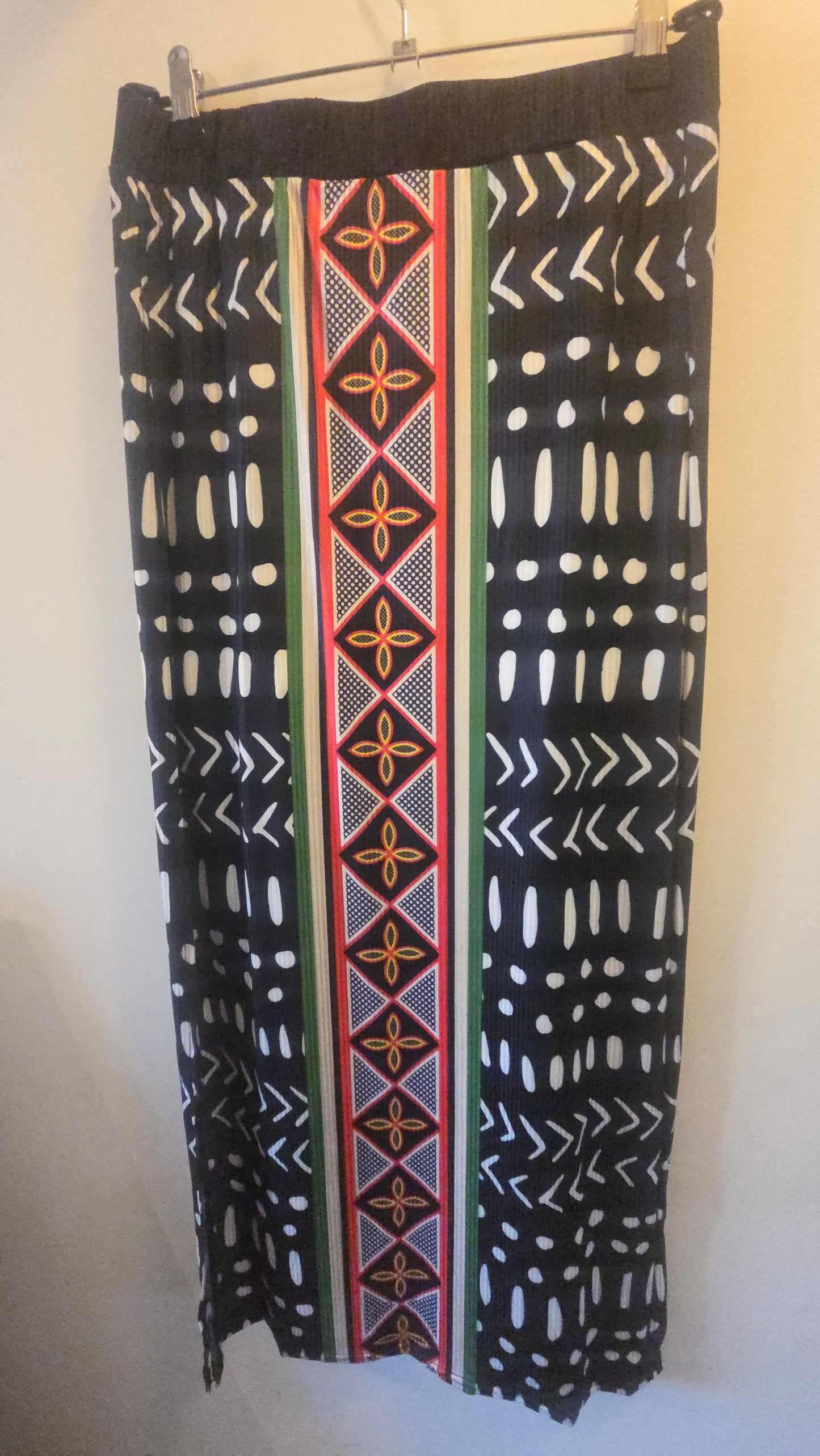 Mudcloth Ribbed Stretchy Maxi Skirt, African Print with Toghu Stripe, Side Slit, Ready to Ship