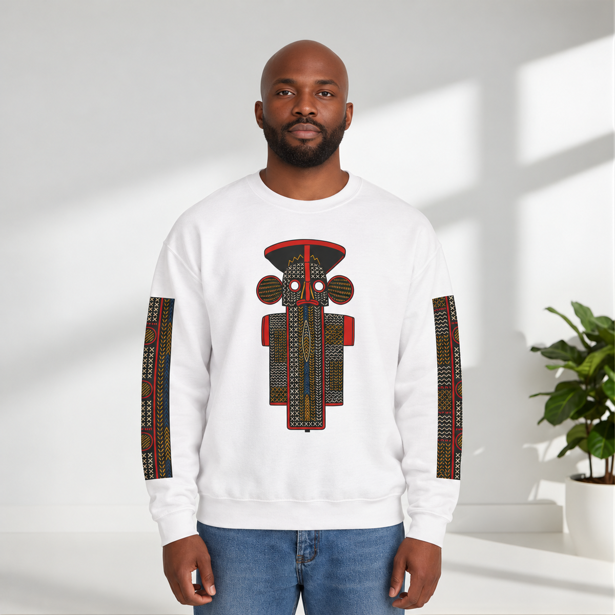 Unisex Elephant Mask Cotton Blend Sweatshirt, Colorful African-Inspired Crewneck