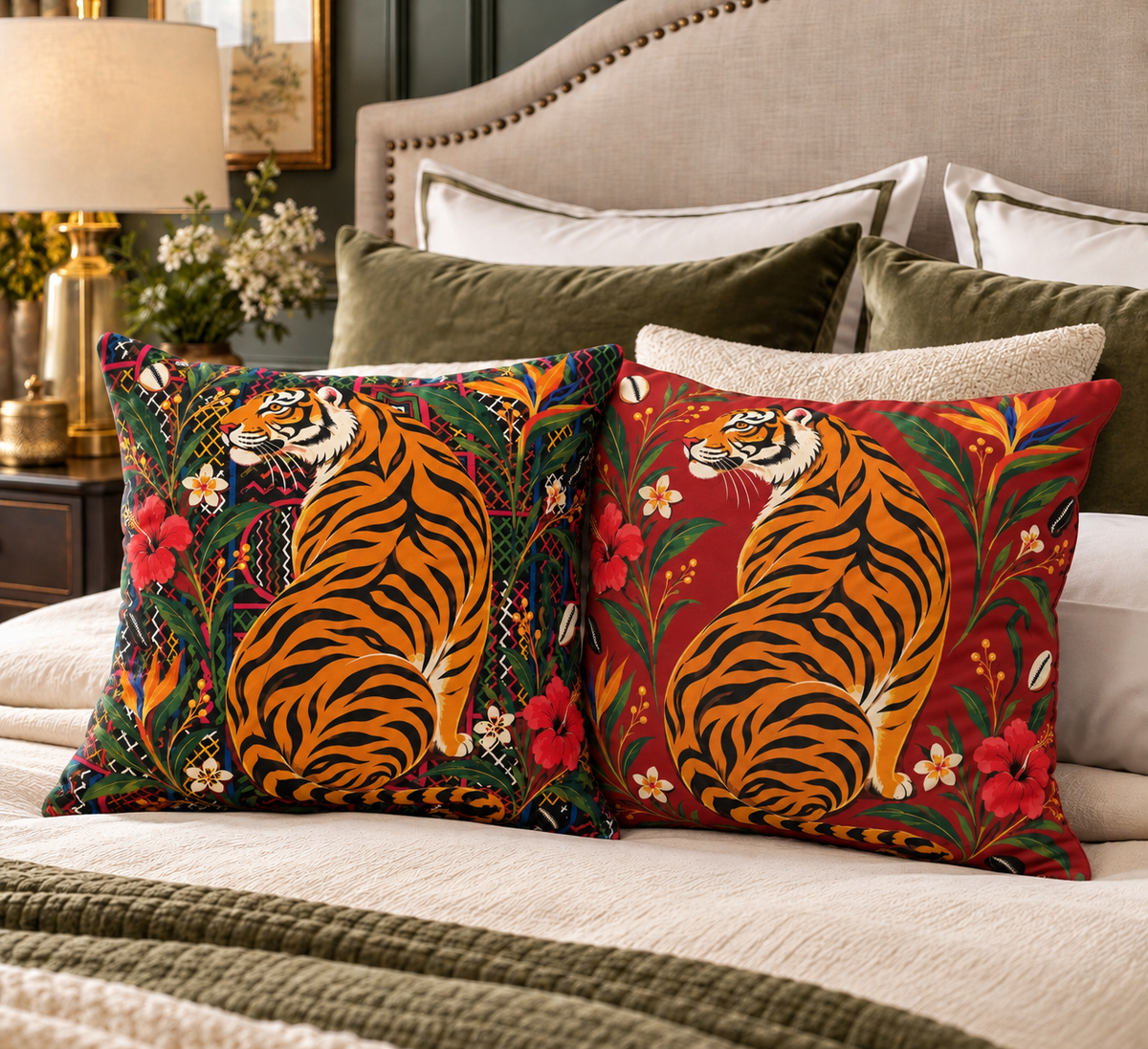 Bengal Tiger & Tropical Blooms Double-Sided Faux Suede Throw Pillow Cover | Ntoh-Inspired African Décor