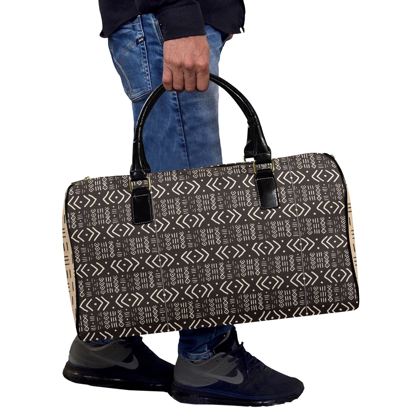 New Vegan Leather Travel Bag, Black Mudcloth with Cork Mudcloth Sides
