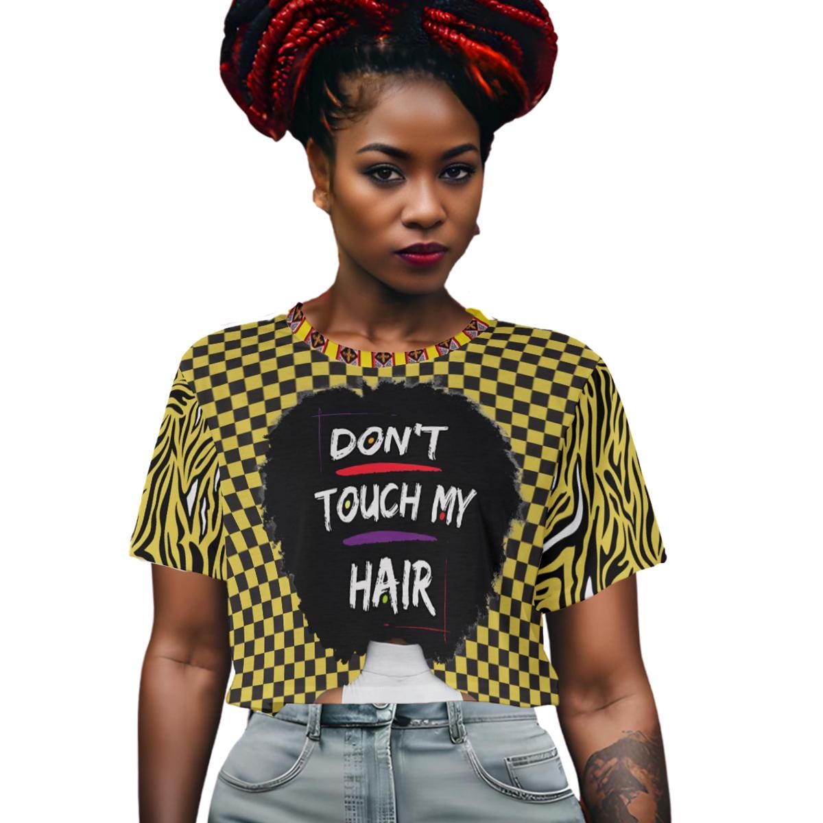 Checkered Print Crop Top: "Don't Touch My Hair" Graphic, Trendy Fashion, Ready to Ship