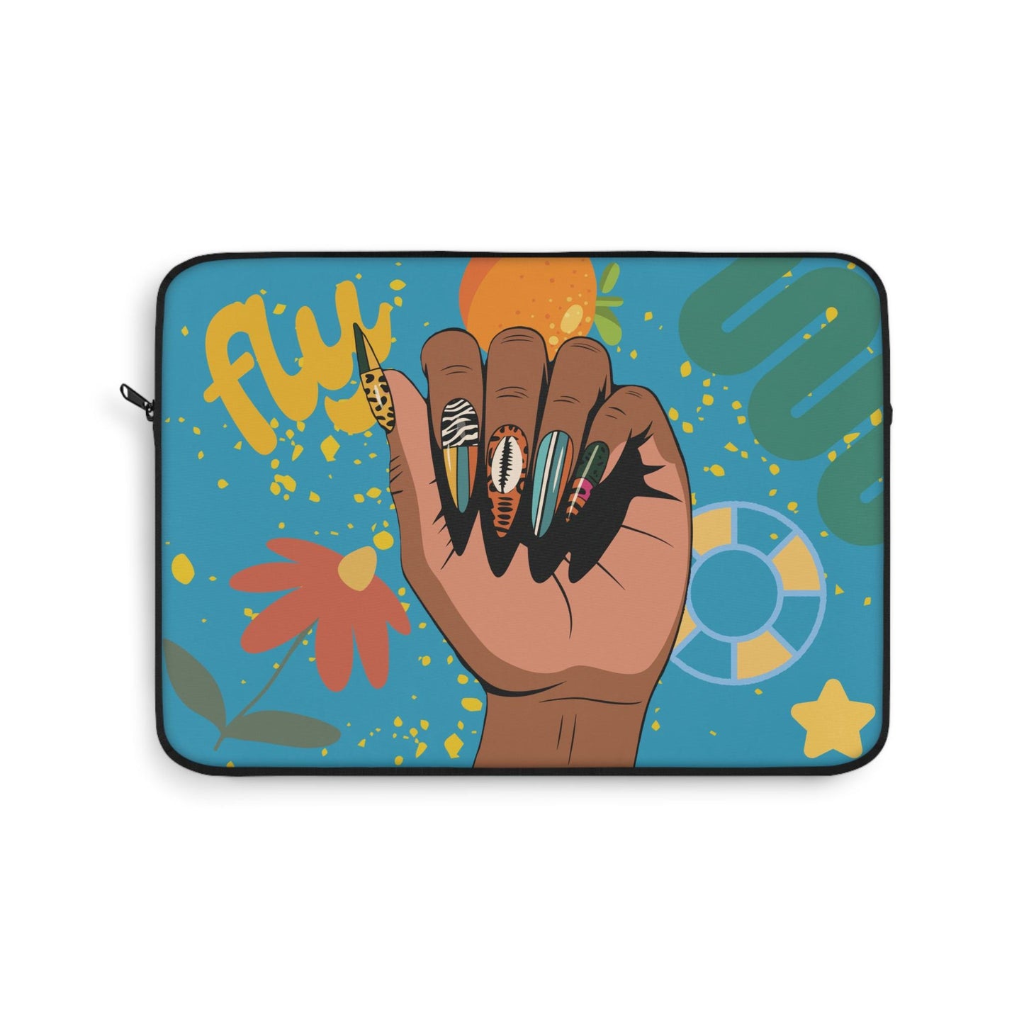 A colorful and vibrant illustration of a hand with painted nails against a blue background, featuring various designs and patterns.