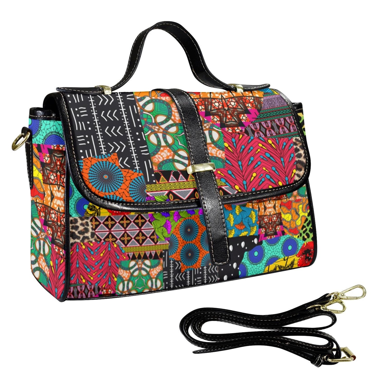 Ankara Print Vegan Leather Satchel Handbag: Black Flap Top, Long Strap, Ready to Ship
