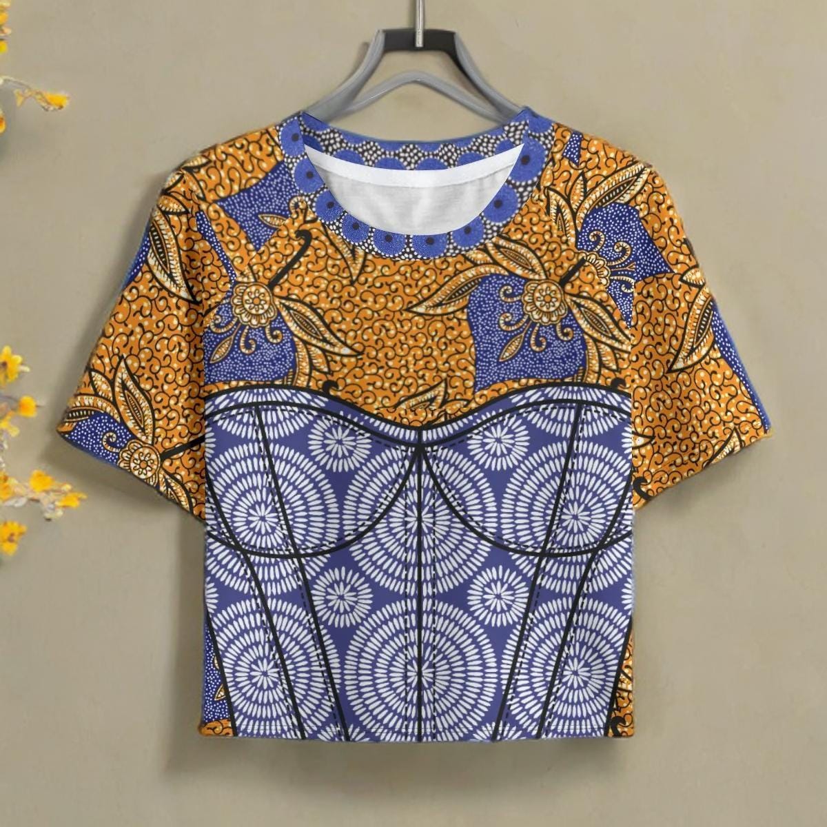 African Print Crop Top: Blue & Brown Ankara, Raglan Sleeve
