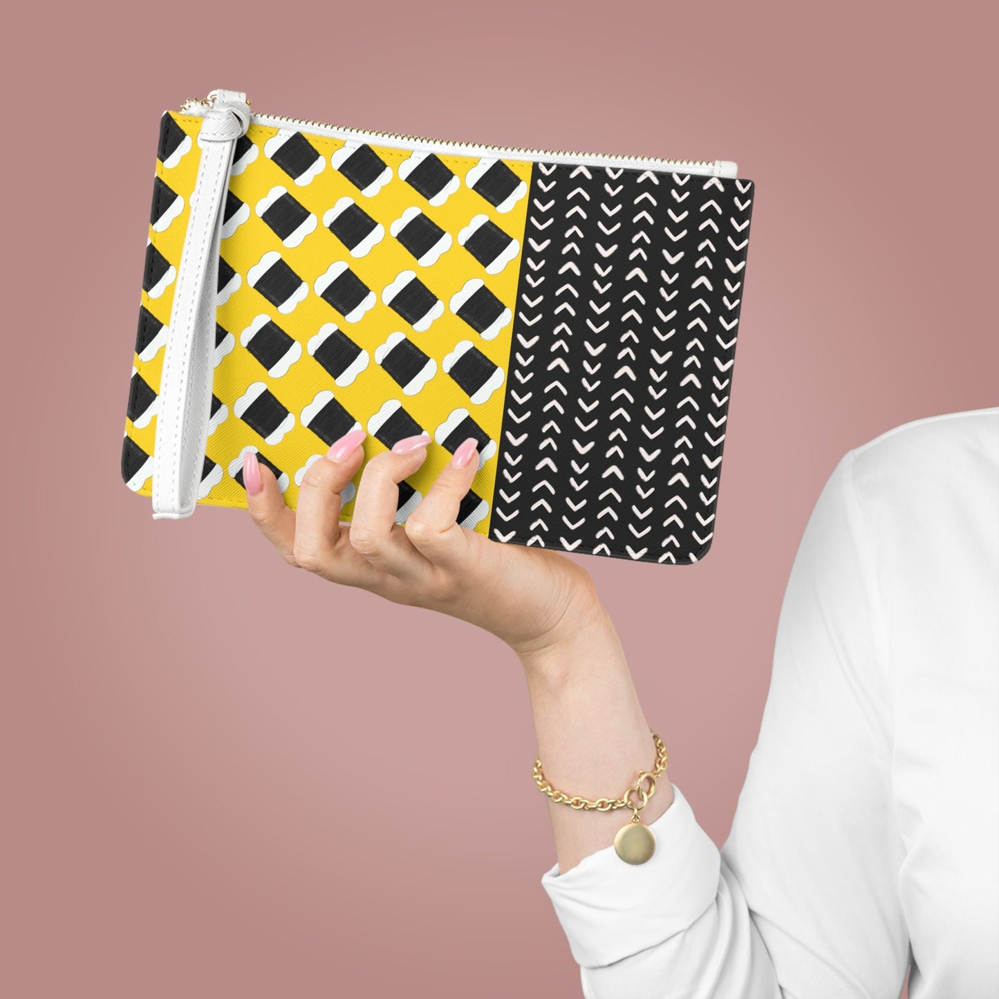 Vegan Leather Wristlet Clutch: Vibrant Yellow Handbag with Saffiano Pattern