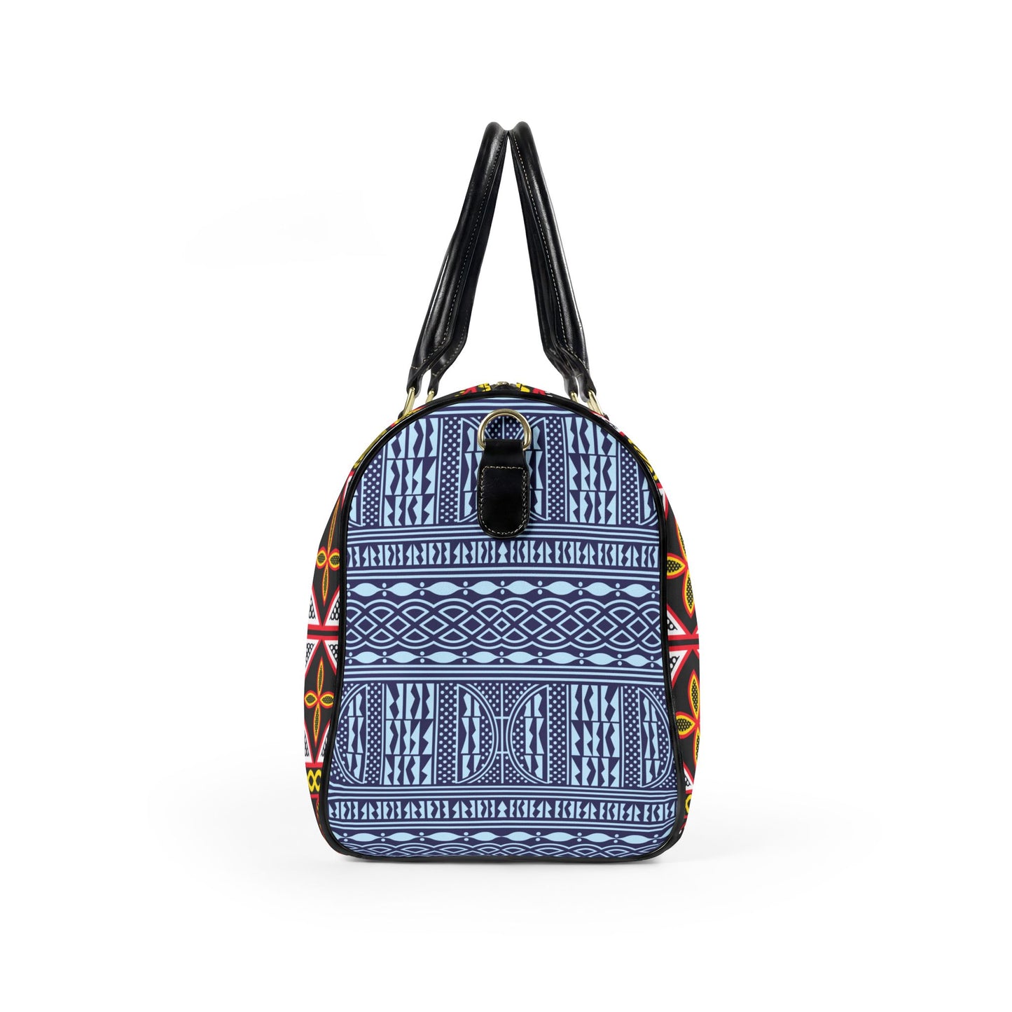 NEW Vegan Leather Travel Bag, Yellow Toghu with Blue Ndop Sides print