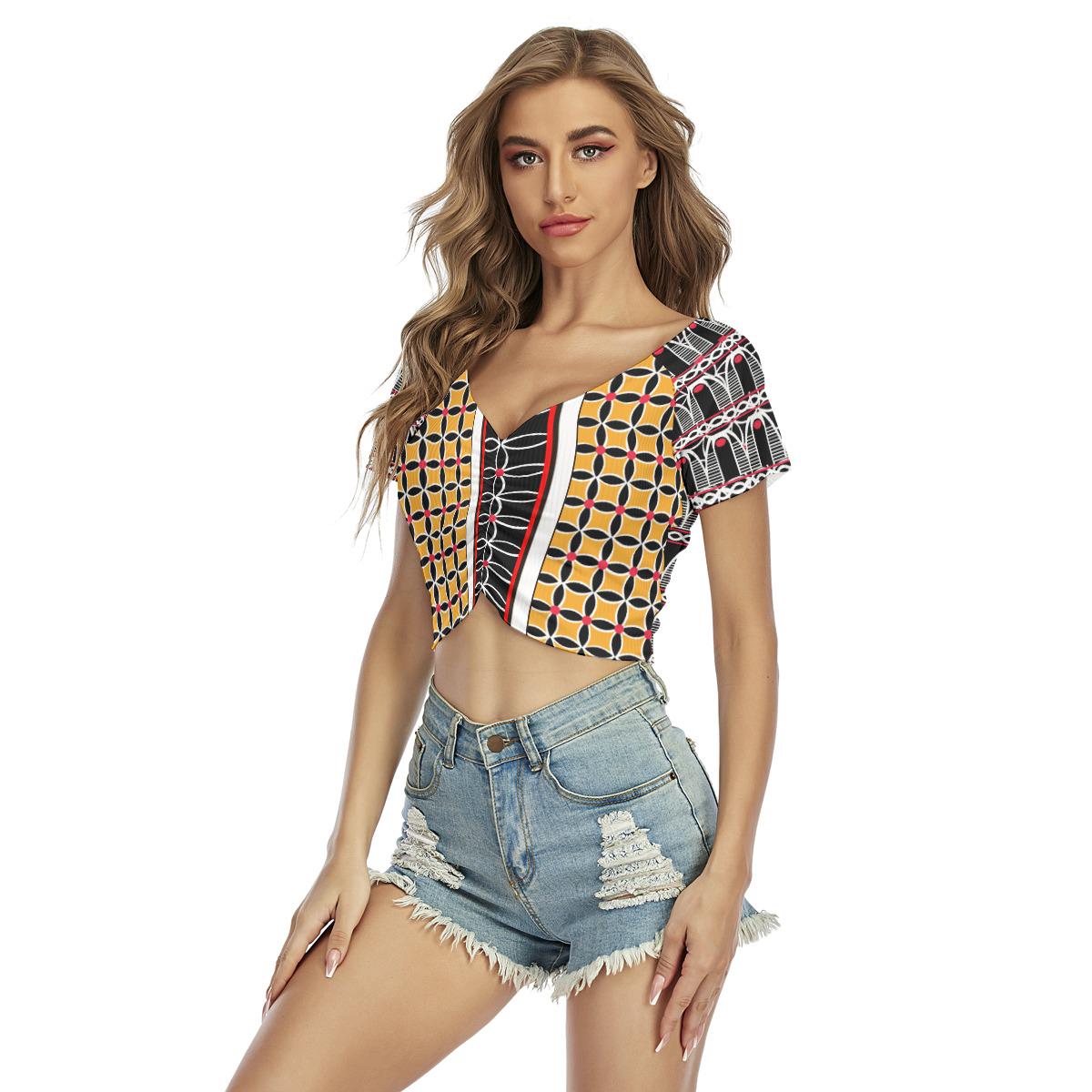 Black & Yellow Toghu Crop Top: Stretchy Festival Fashion, Ready to Ship