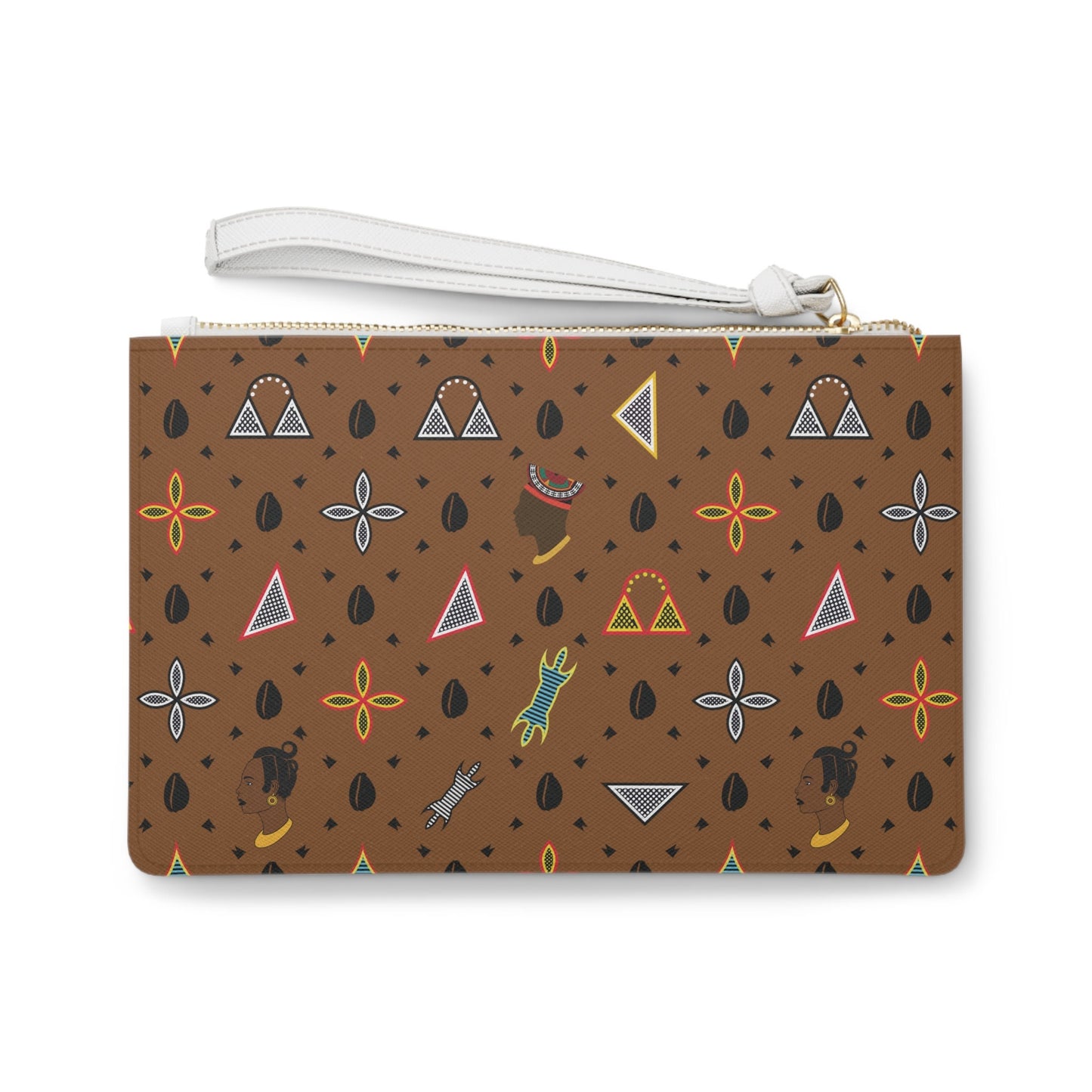 Toghu Shaped & Faces Brown Cowrie Wristlet Clutch Bag, Elegant Evening Accessory, Stylish Birthday Gift