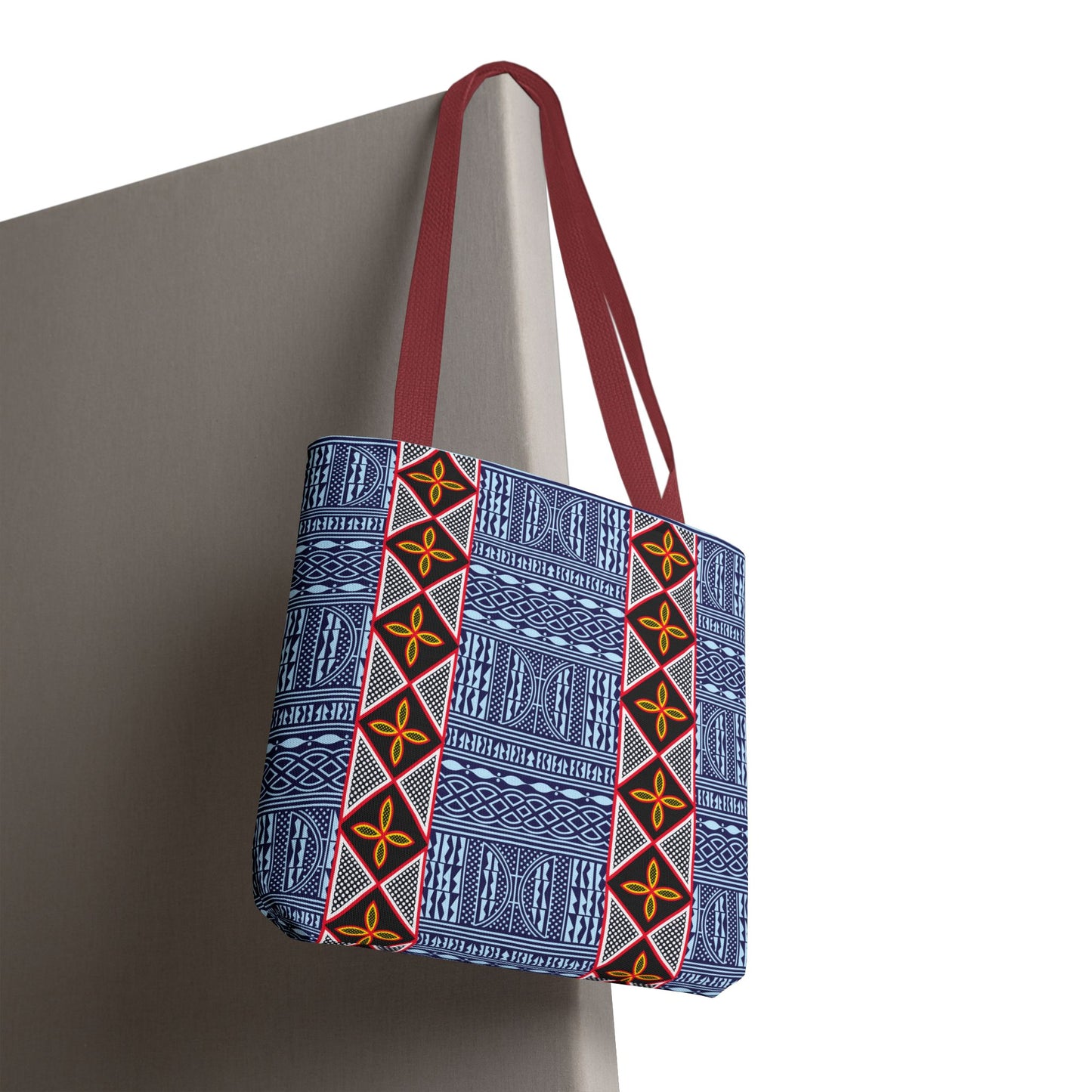 Blue Tribal Ndop Pattern Canvas Tote | Geometric Ethnic Print, Vertical Toghu Stripes