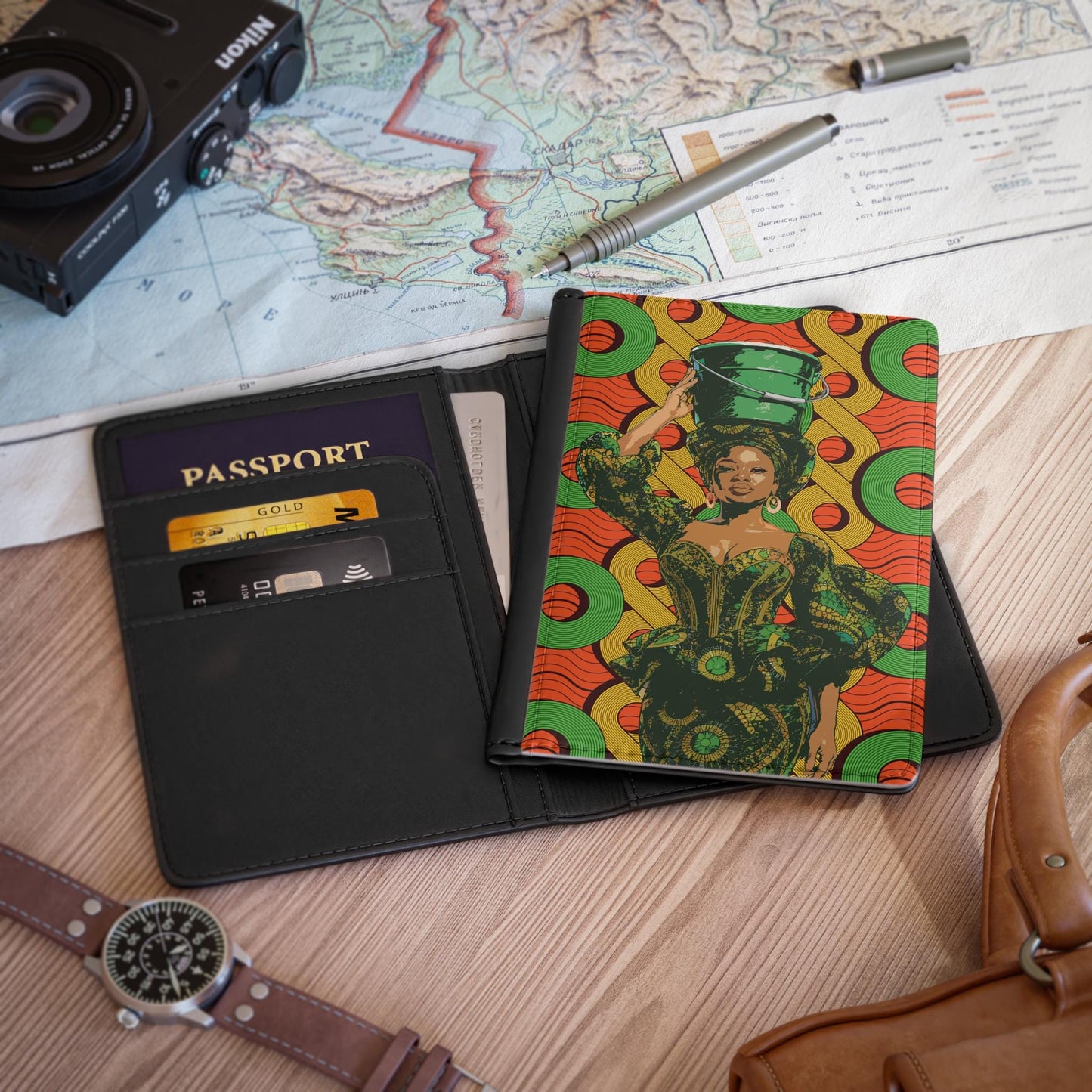 Lady and Bucket Passport Cover on 2 Ankara Prints, Travel Wallet, Pu Leather Passport Holder, Passport Protector, Travel Accessory