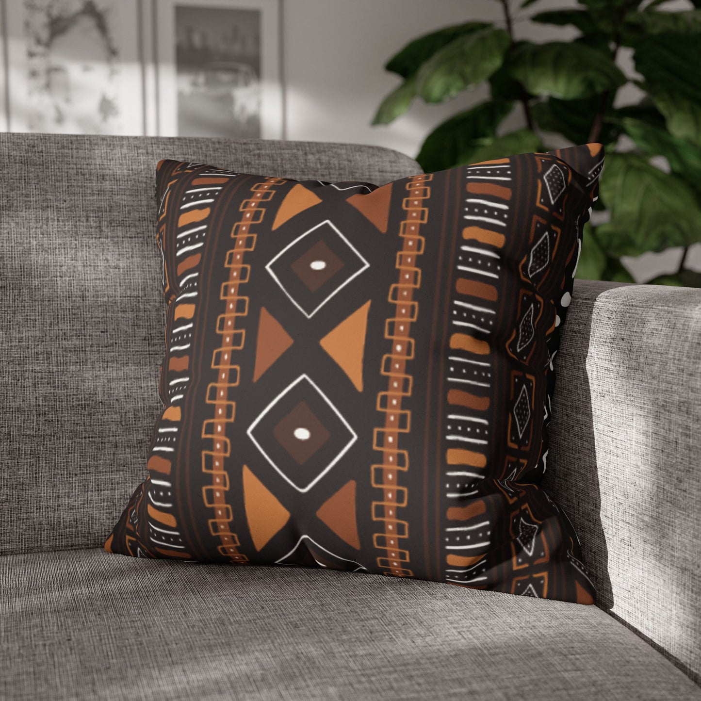 Faux Suede Pillow Case, Mudcloth Design, Square Throw Cushion, Boho Home Decor, Black/Brown Pillow Casecase, Living Room Accent, Bedroom Accessory
