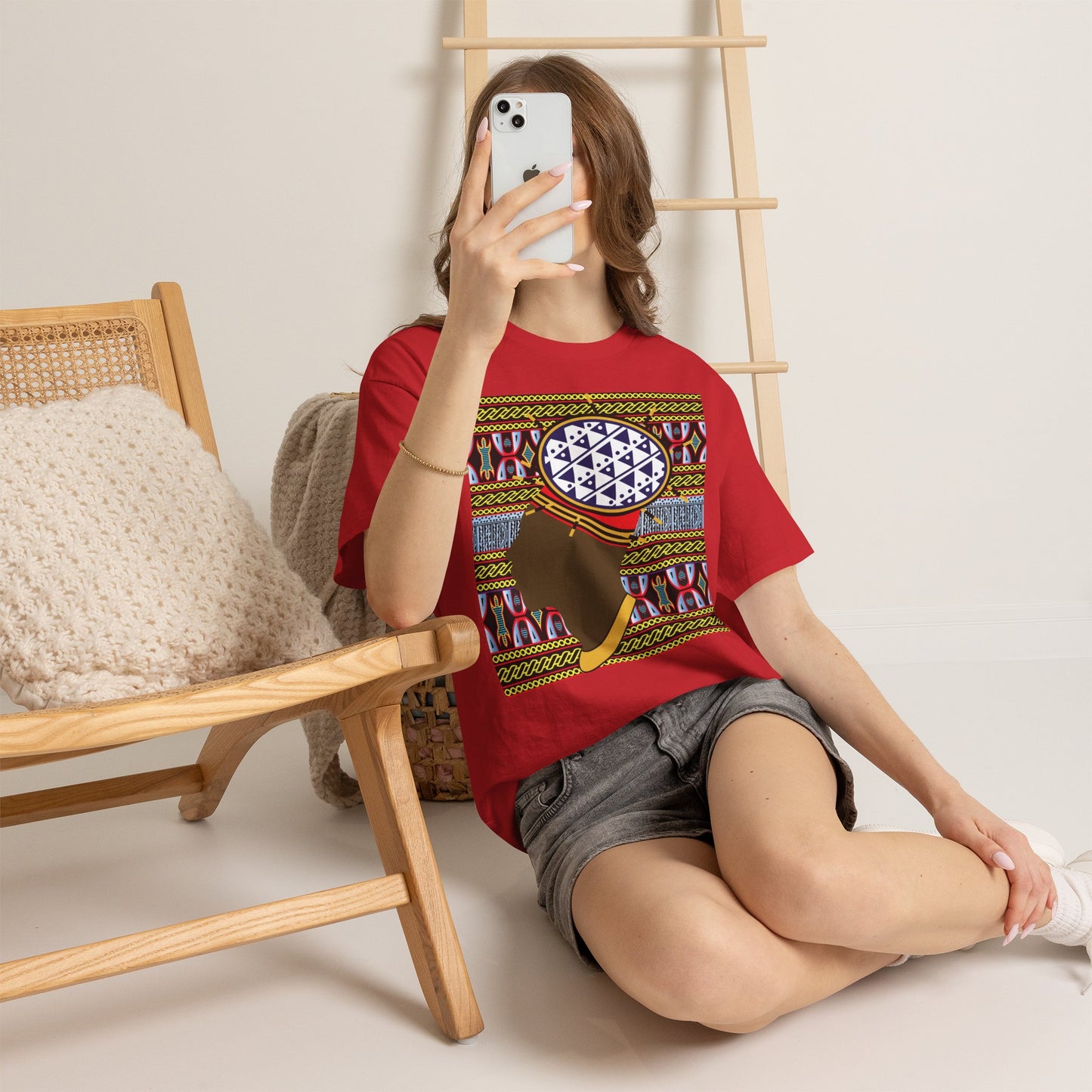 Man in Spiky Bamenda Bamileke Hat Chocolate on Black Mudcloth Unisex Heavy Cotton Tee