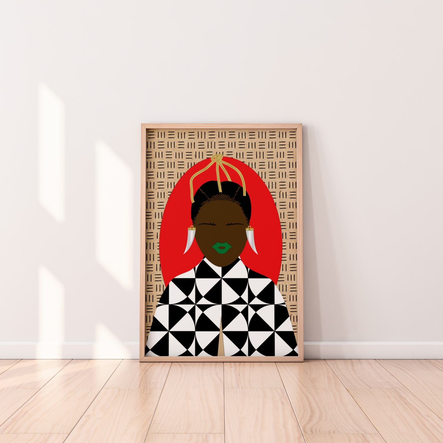 a framed illustration of a woman with a red headband and a black and white geometric patterned dress.