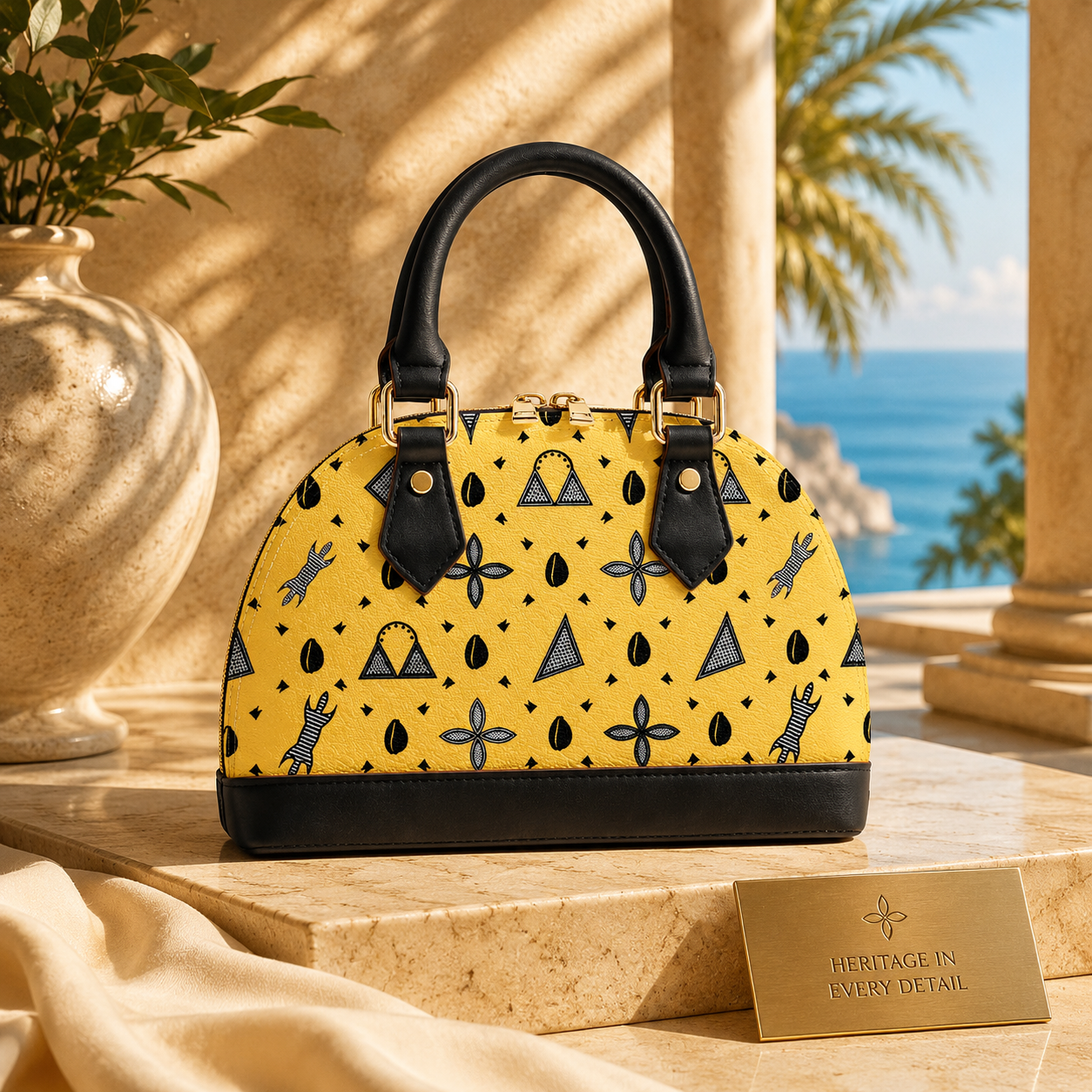 A yellow handbag with black accents and a patterned design, placed on a marble surface next to a vase and a sign.