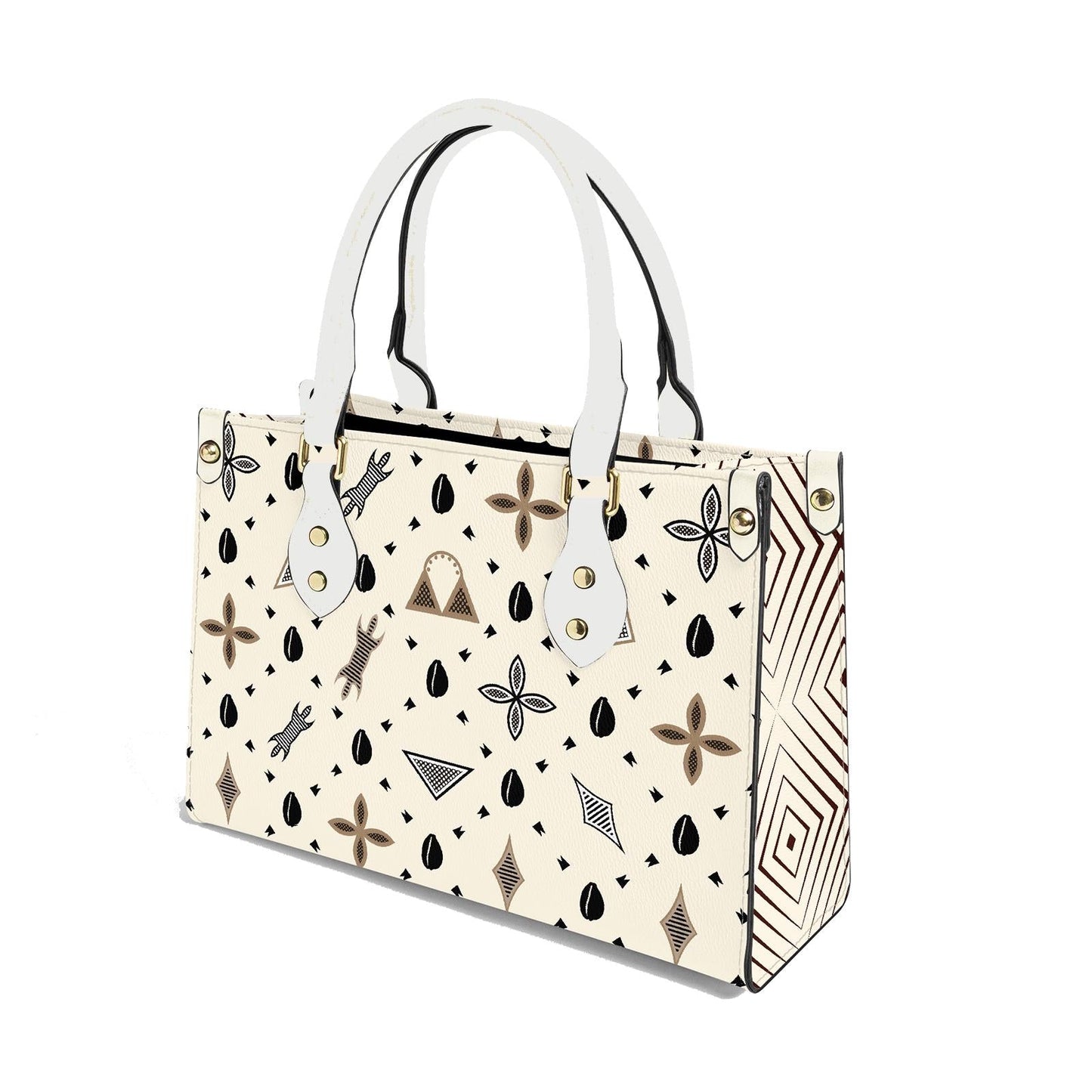 African Vegan Leather Tote Bag: Beige Toghu Print, White Handles, Ready to Ship