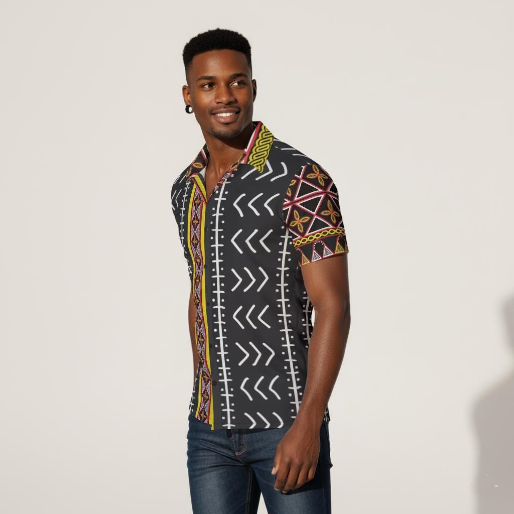 Mudcloth Toghu Print Mens Button-Up Shirt: African Pattern Stretch Fabric, Ready to Ship