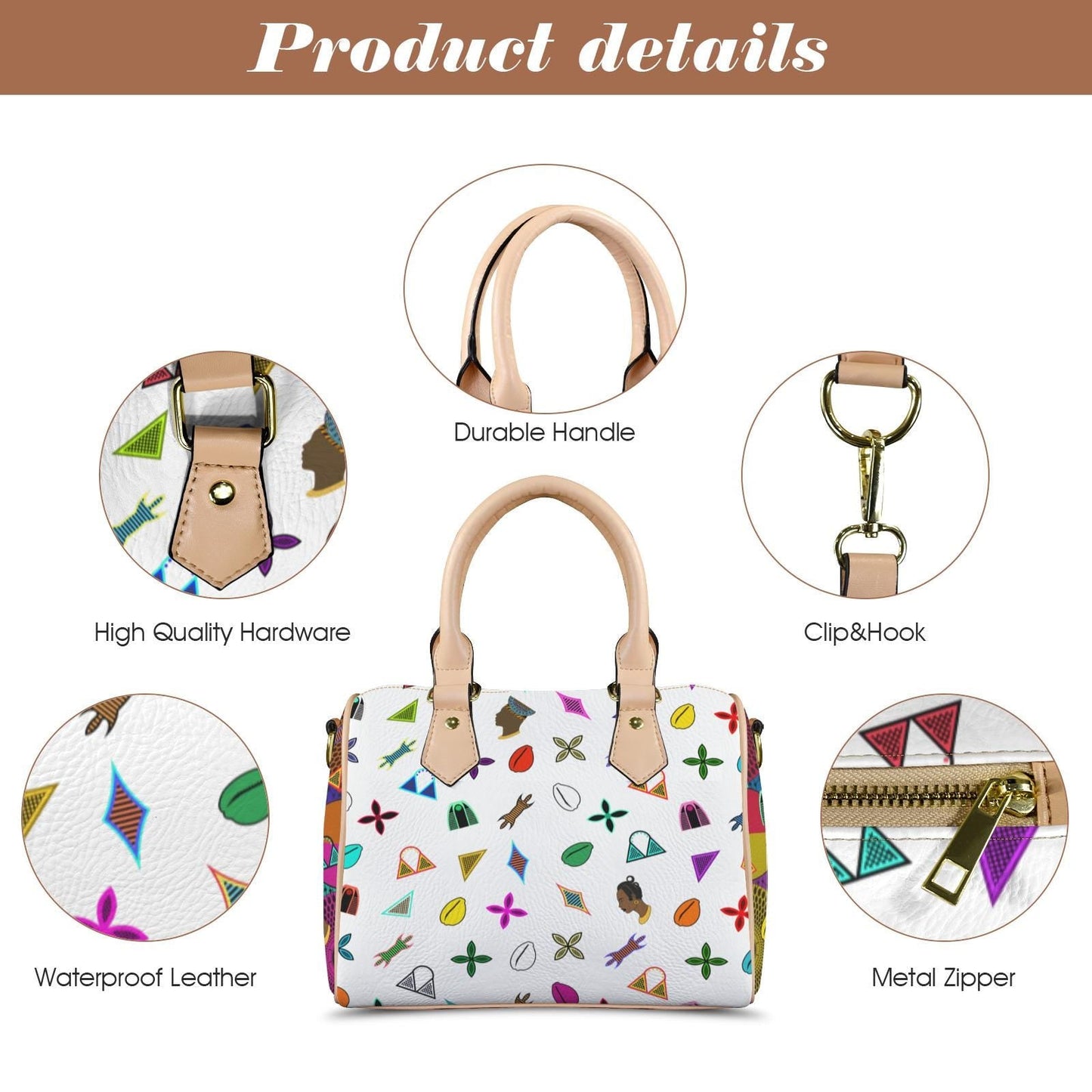 Vegan white Leather Boston Bag: African Toghu Shapes and Ankara Print Satchel Handbag, Ready to Ship