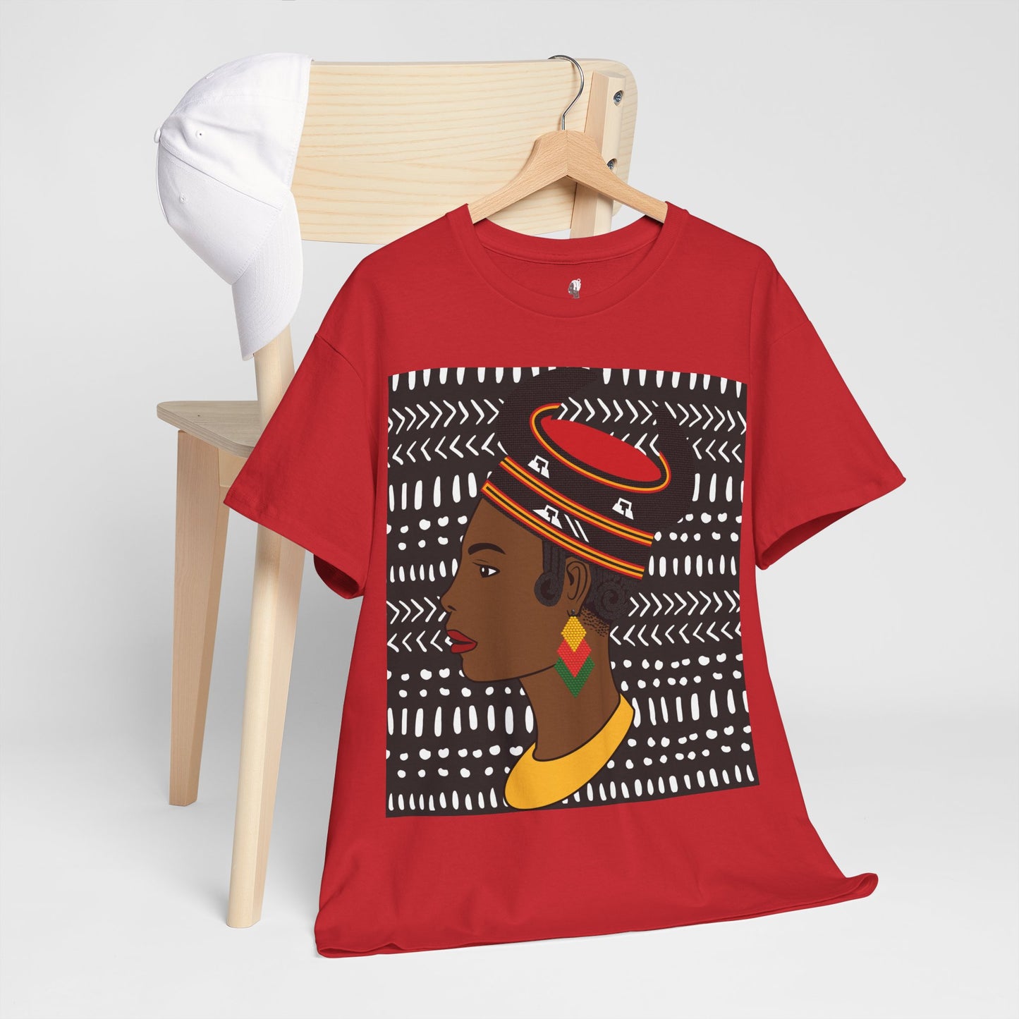 African Lady in Bamenda Bamileke Hat Unisex Tee, Ethnic Mudcloth T-Shirt, Black Boho Shirt, Festival Clothing, Afrocentric Top
