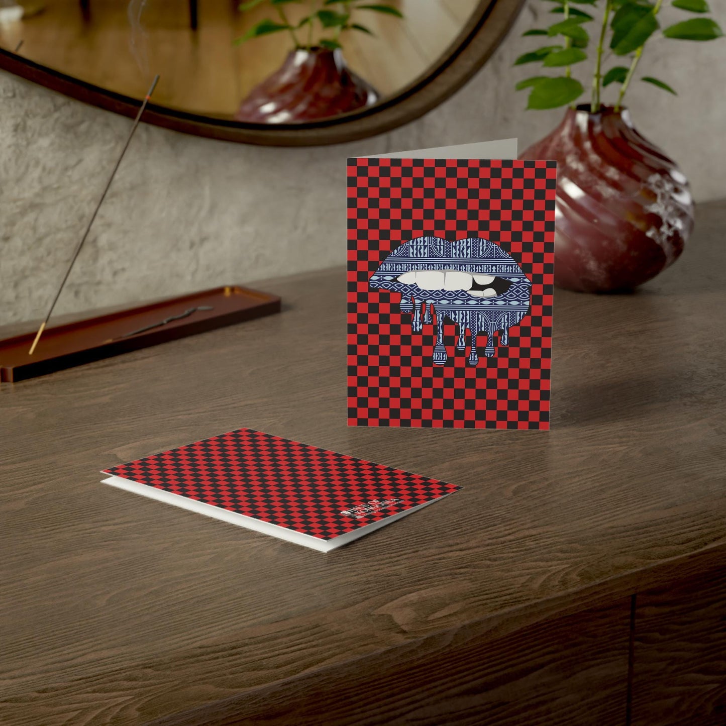 Blue Ndop Lips on Red Checkers Greeting Cards (1, 10pcs)