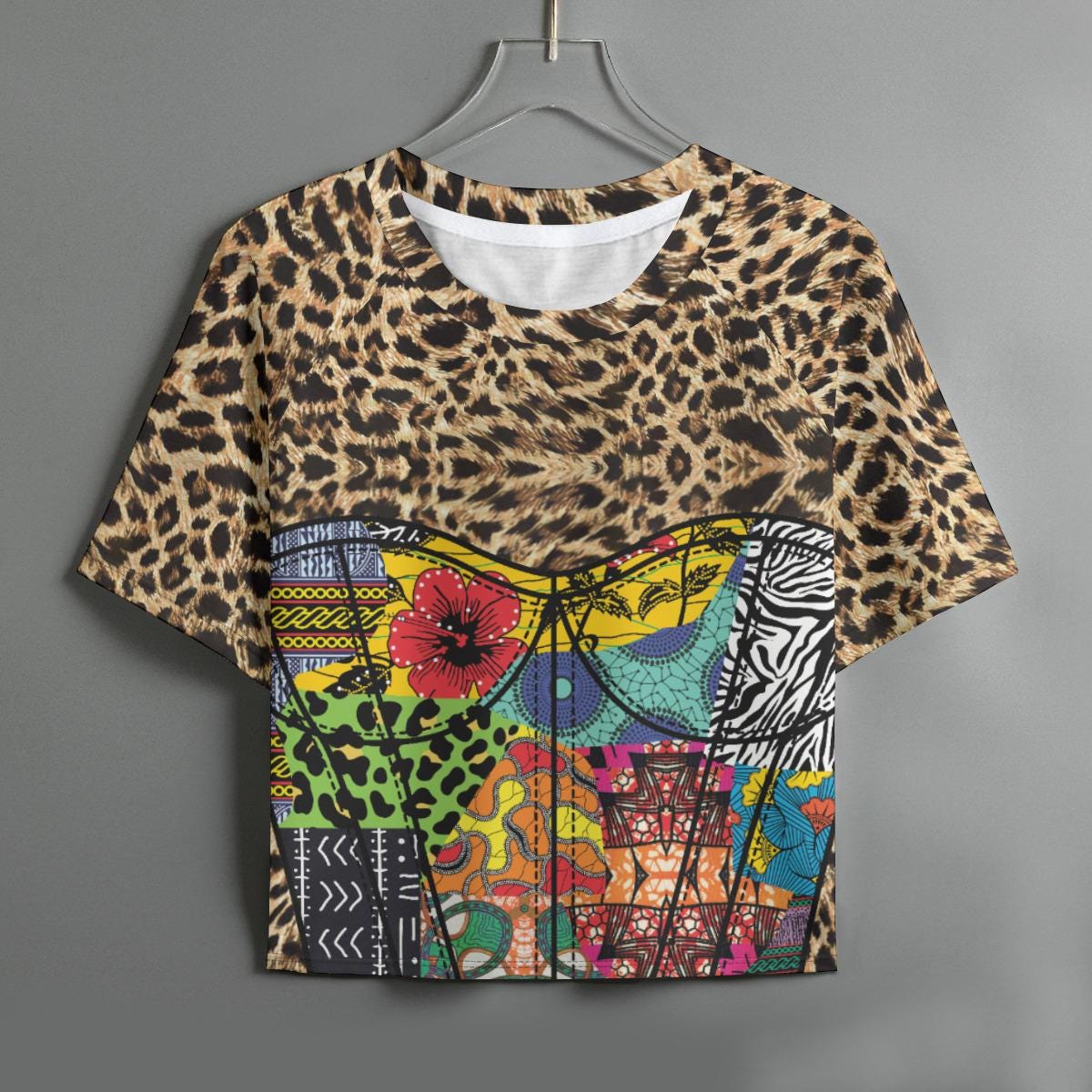 Ankara Leopard Crop Top: Women's Quilt Raglan Shirt