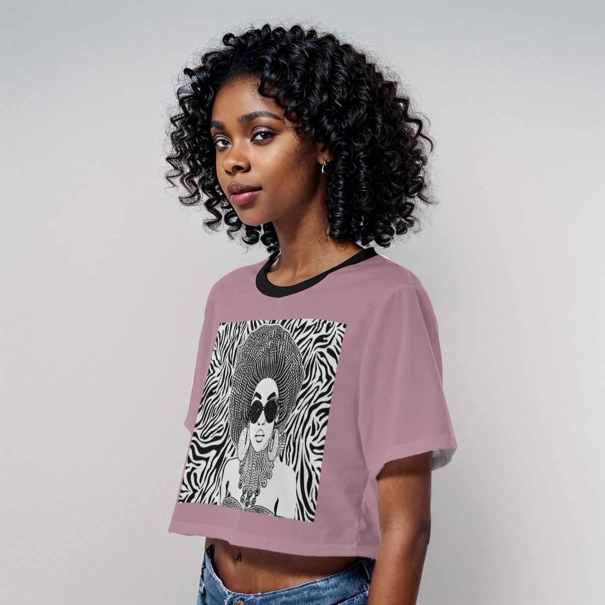 African Print Crop Top: Mauve Jersey with Zebra Design