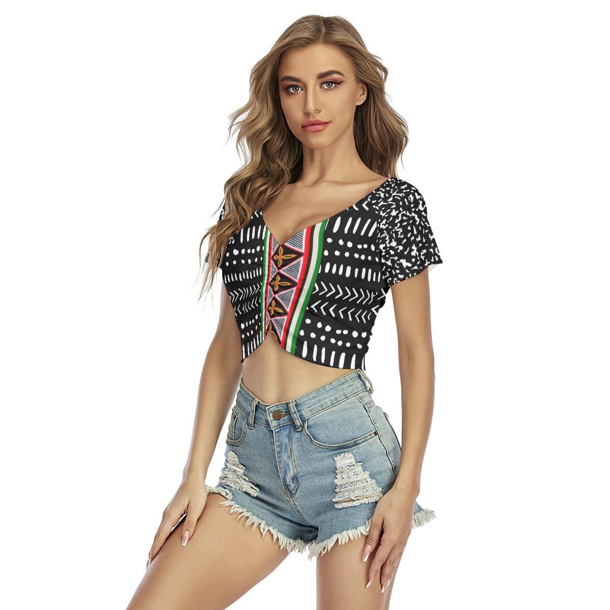 Mudcloth Print Crop Top: African Toghu Stripe, Stretchy Festival Top, Ready to Ship