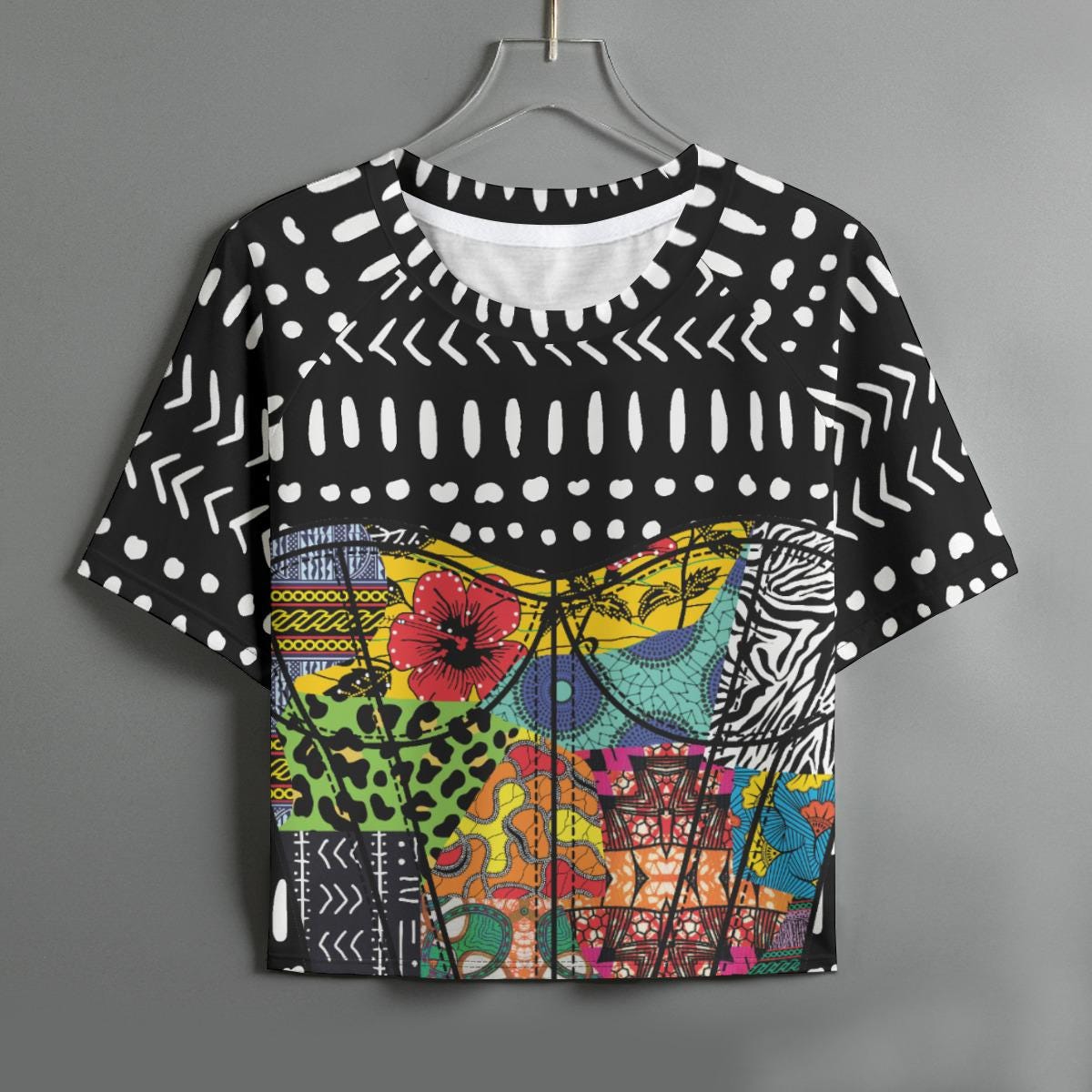 Ankara Mudcloth Quilt Crop Top: Women's Raglan Sleeve Shirt, Ready to Ship