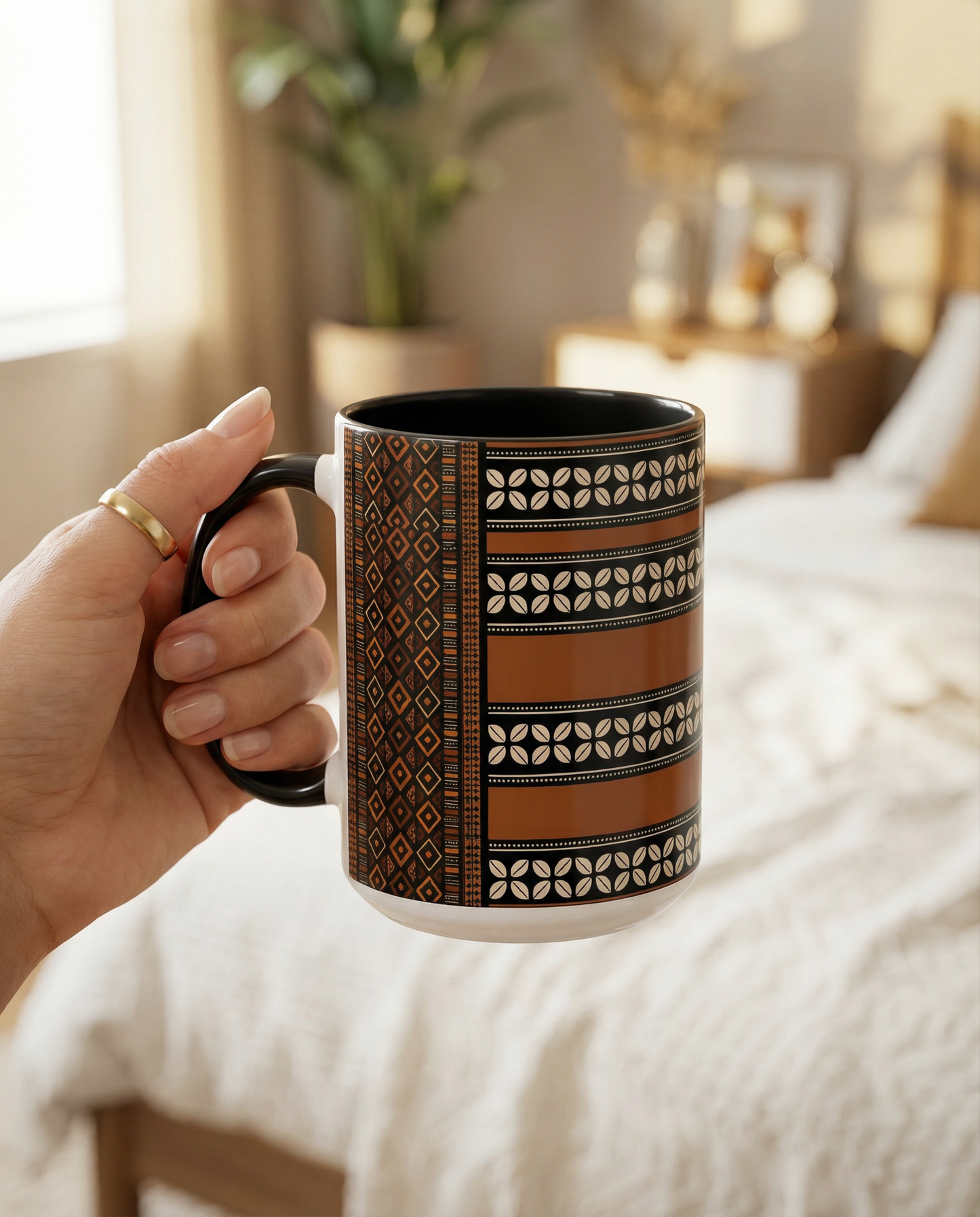 Mudcloth and Cowries Ceramic Coffee Mug (11, 15oz) in 4 Colors, 2 Sizes, Unique African Print Design