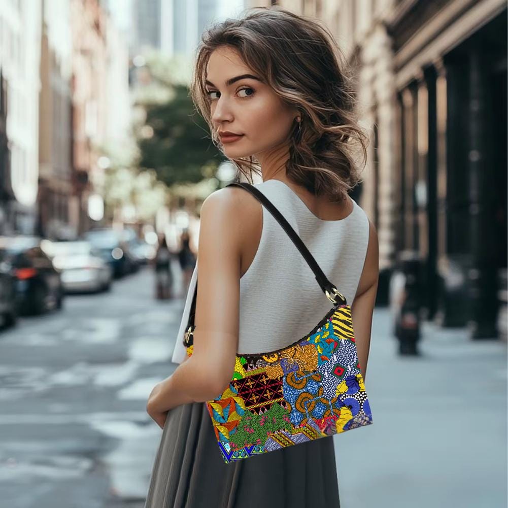 Blue Ankara Plaid Hobo Bag: Two-Sided Mini Shoulder Bag, Ready to Ship