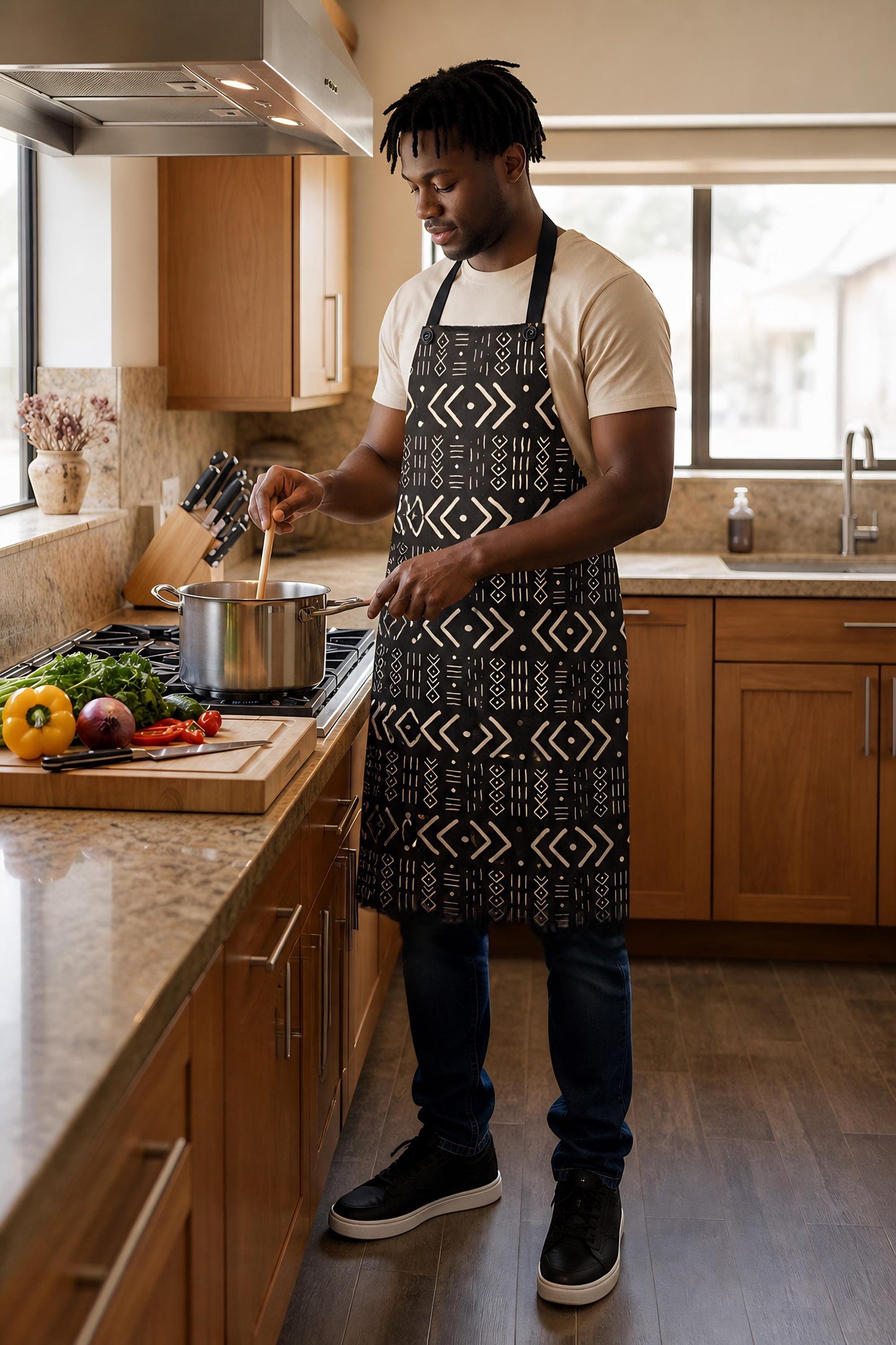 Mudcloth Print Apron, African Kitchen Gardening Apron, Retro Cooking Style, Polyester Fabric