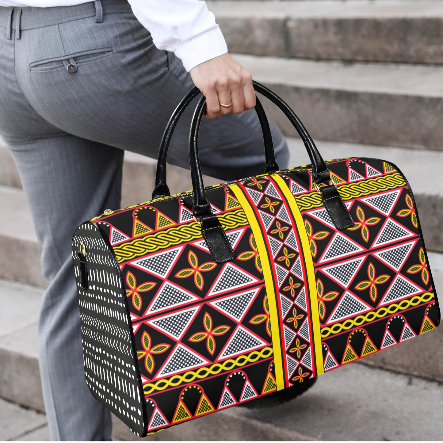 NEW Vegan Leather Ankara and Toghu Print Travel Bag, two-sided design
