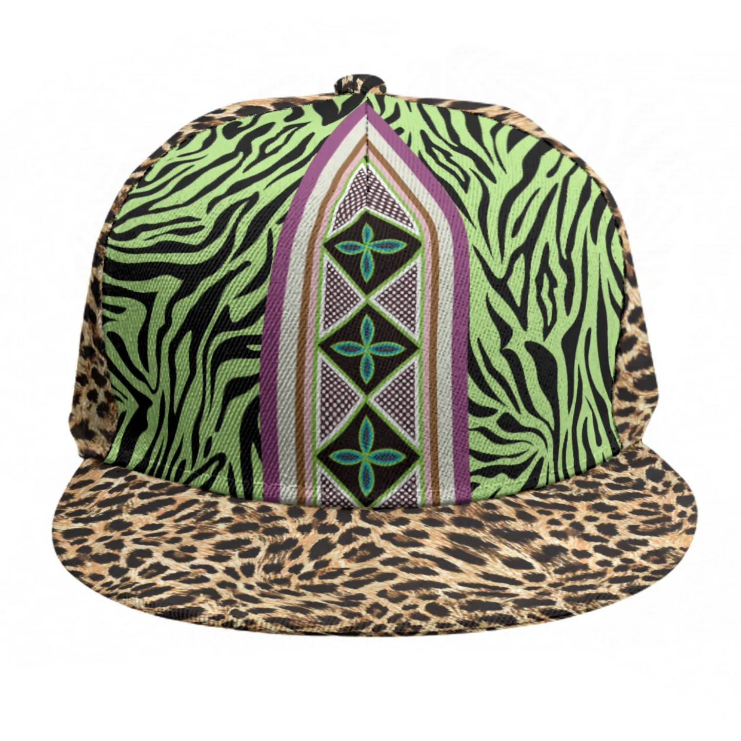 African Print Baseball Hat: Green Zebra, Leopard Toghu Tribal Snapback, Ready to Ship