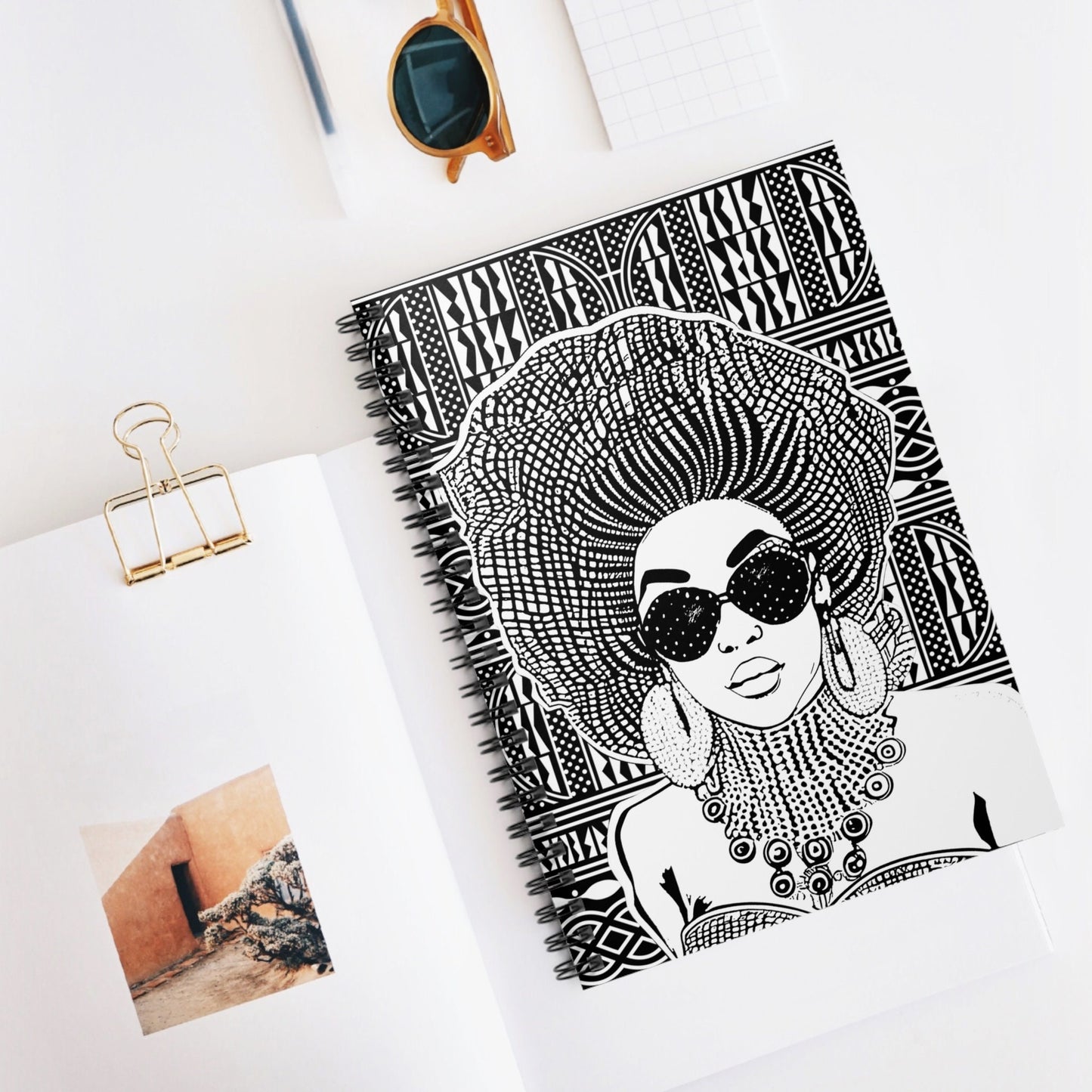 Madame Headtie(BW) - BW Ndop backdrop Spiral Notebook, Front Cover Print - Ruled Lines
