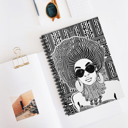 Madame Headtie(BW) - BW Ndop backdrop Spiral Notebook, Front Cover Print - Ruled Lines