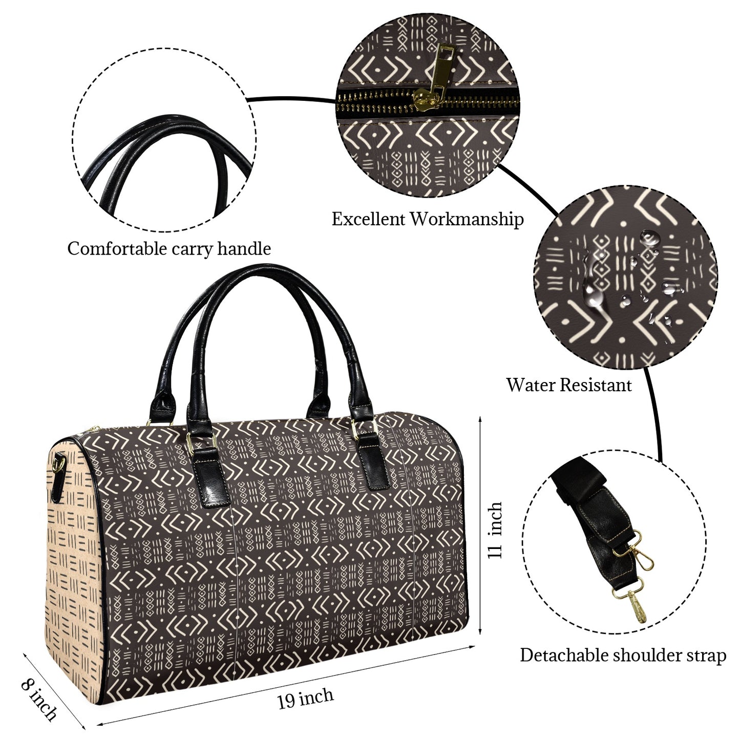 New Vegan Leather Travel Bag, Black Mudcloth with Cork Mudcloth Sides