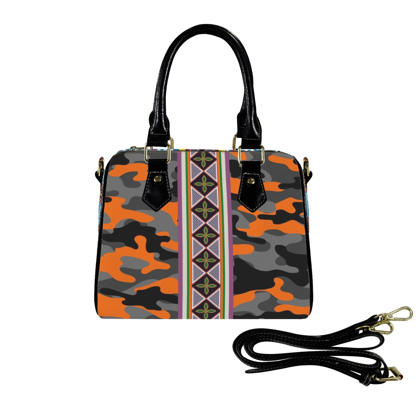 Camo & Plaid, Toghu Stripe Vegan Leather Boston Bag, Two-Sided Satchel Handbag