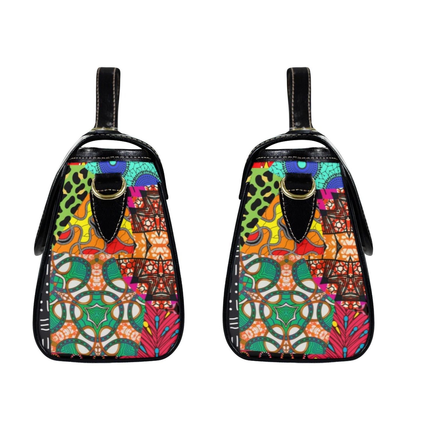 Ankara Print Vegan Leather Satchel Handbag: Black Flap Top, Long Strap, Ready to Ship