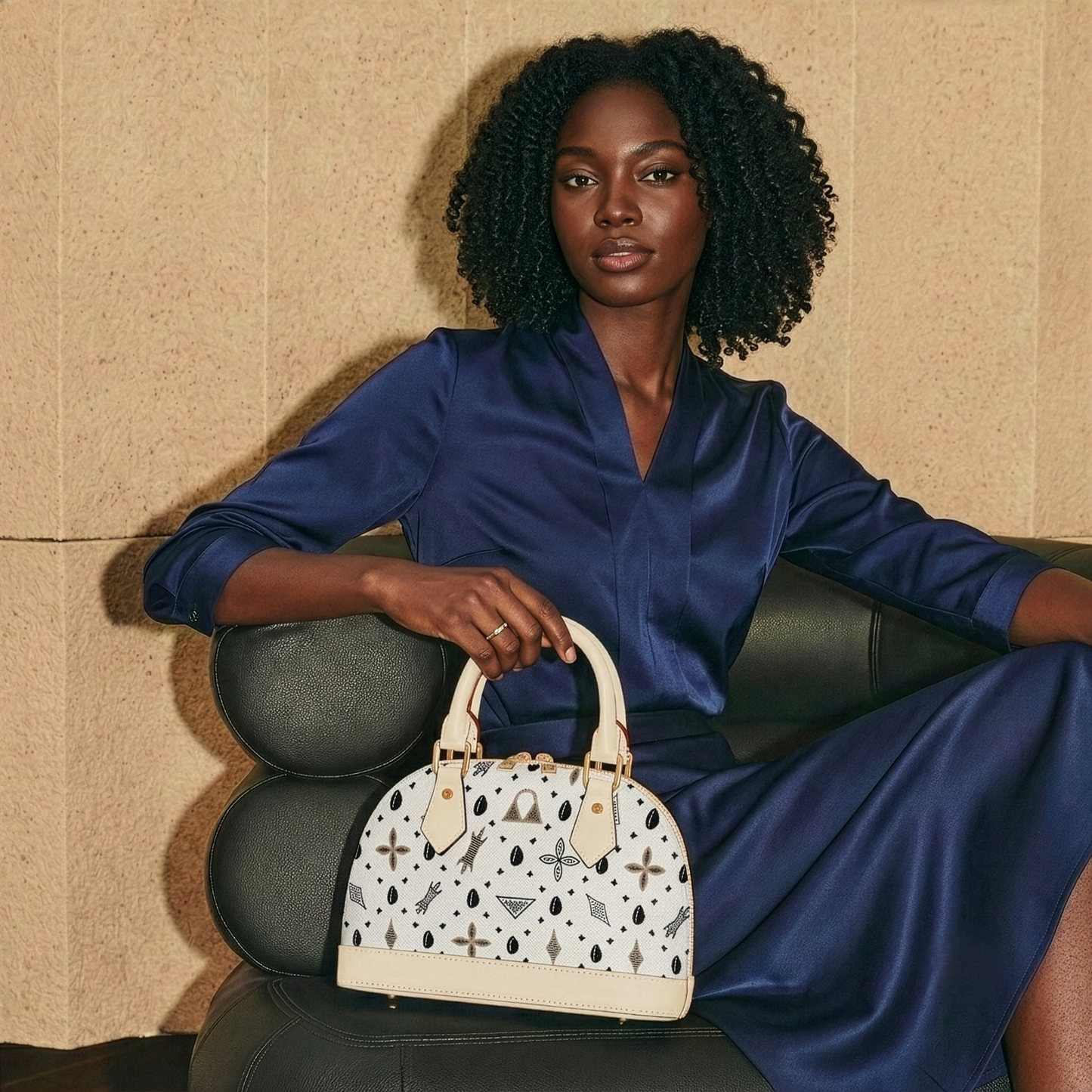 A woman in a navy blue dress sits on a black leather chair, holding a white purse with a patterned design.