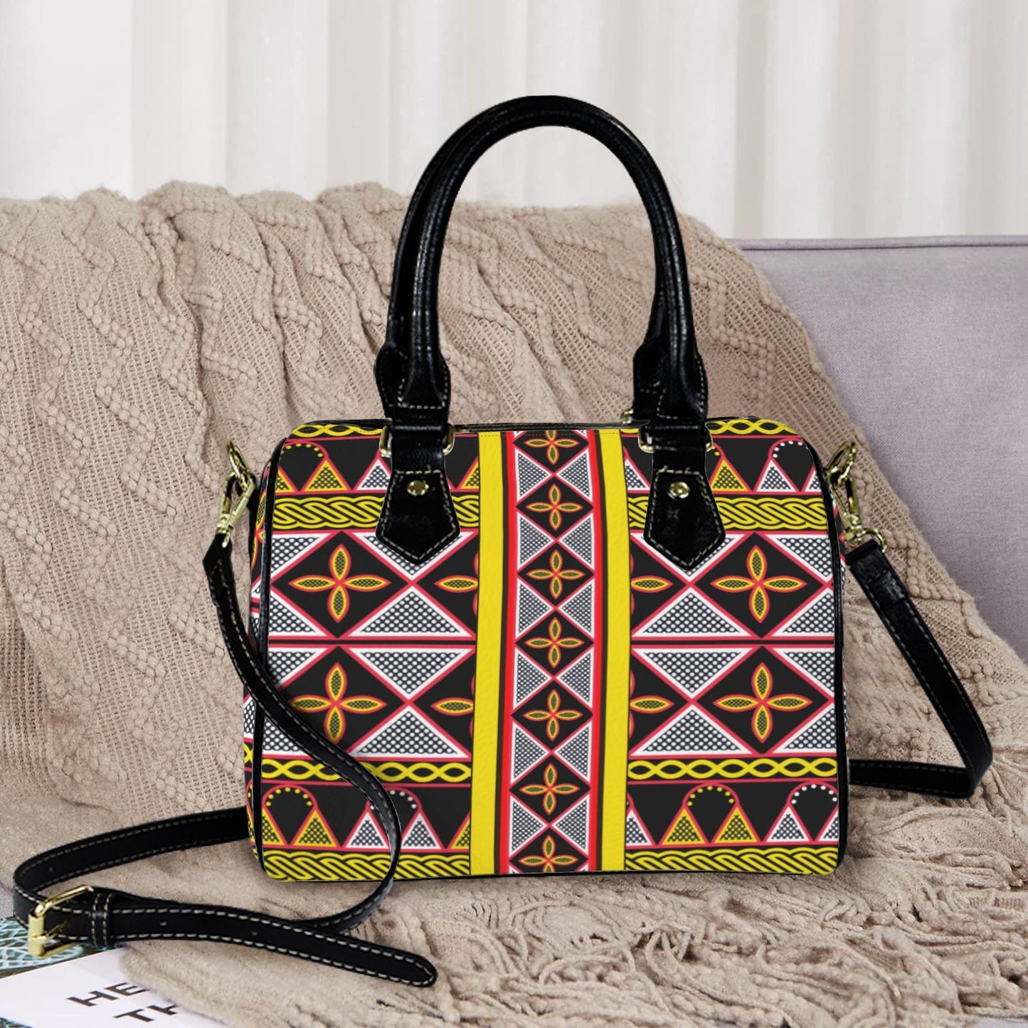 Toghu Print Boston Bag, Yellow African Design Satchel Handbag