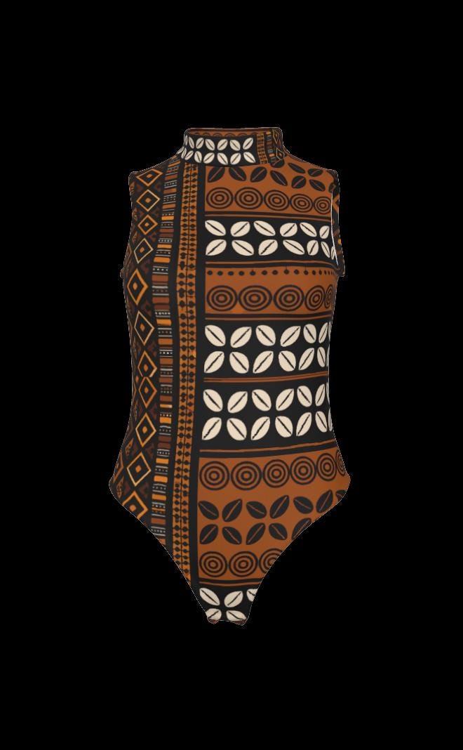 Mudcloth & Cowries Sleeveless Bodysuit, Stretchy Ribbed Lightweight Fabric