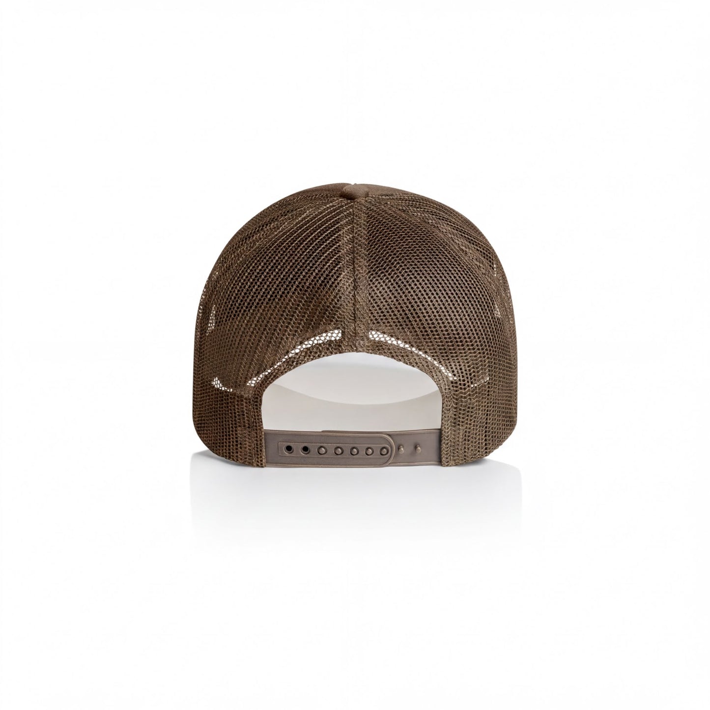 A brown mesh baseball cap with a black strap.