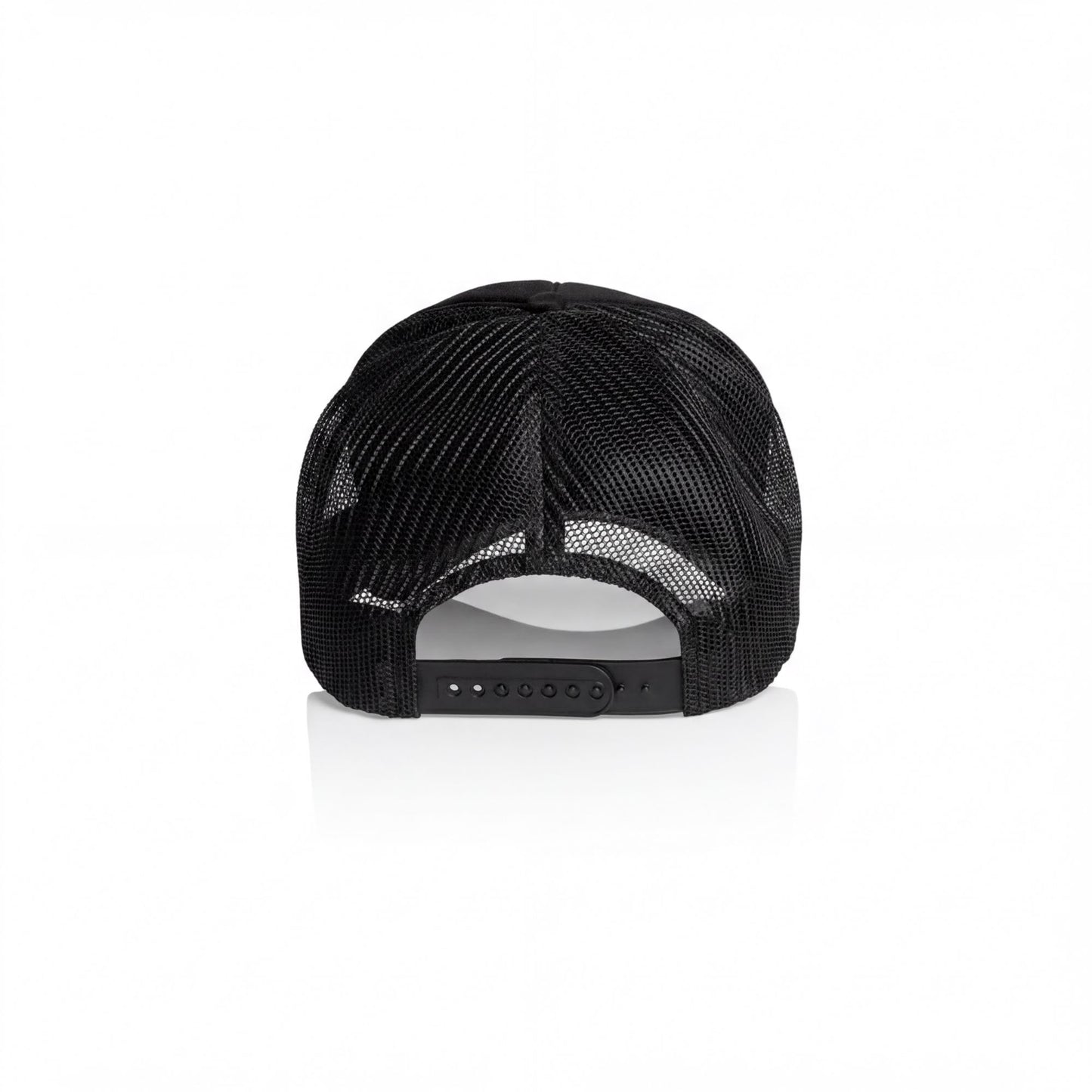 A black mesh baseball cap with a mesh pattern on the front and a black strap.