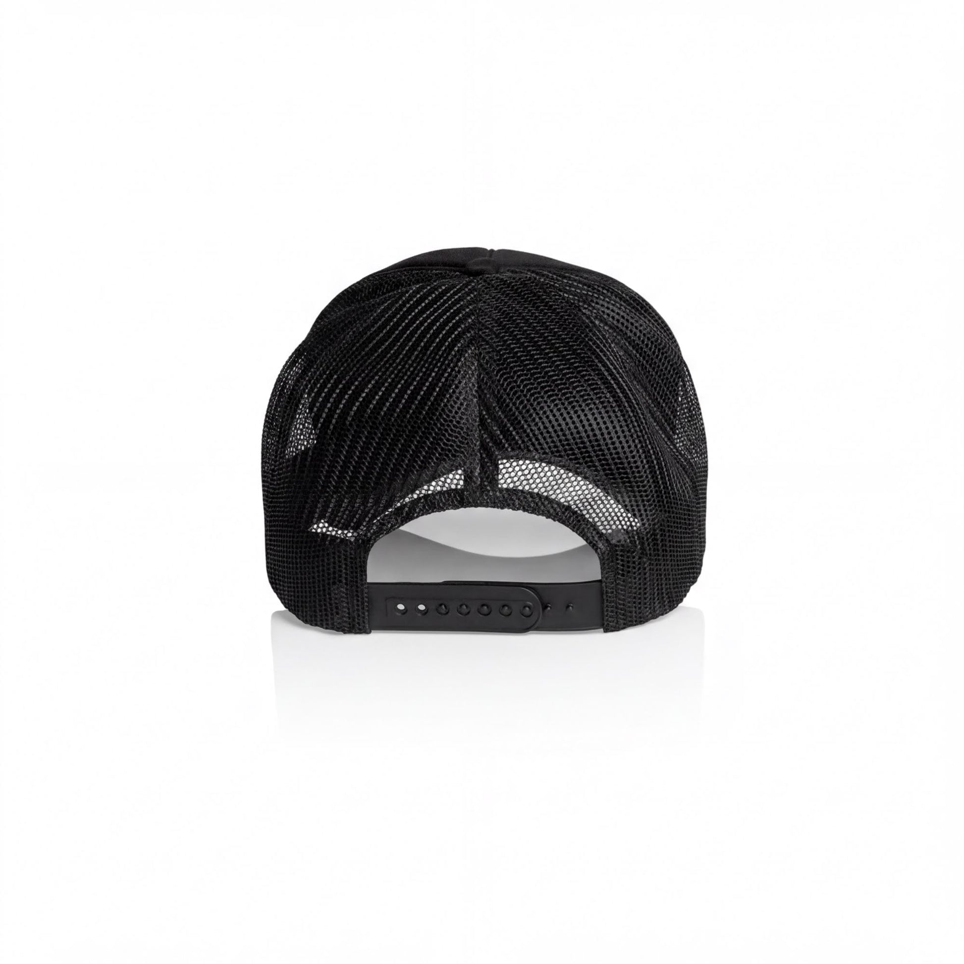 A black mesh baseball cap with a mesh pattern on the front and a black strap.